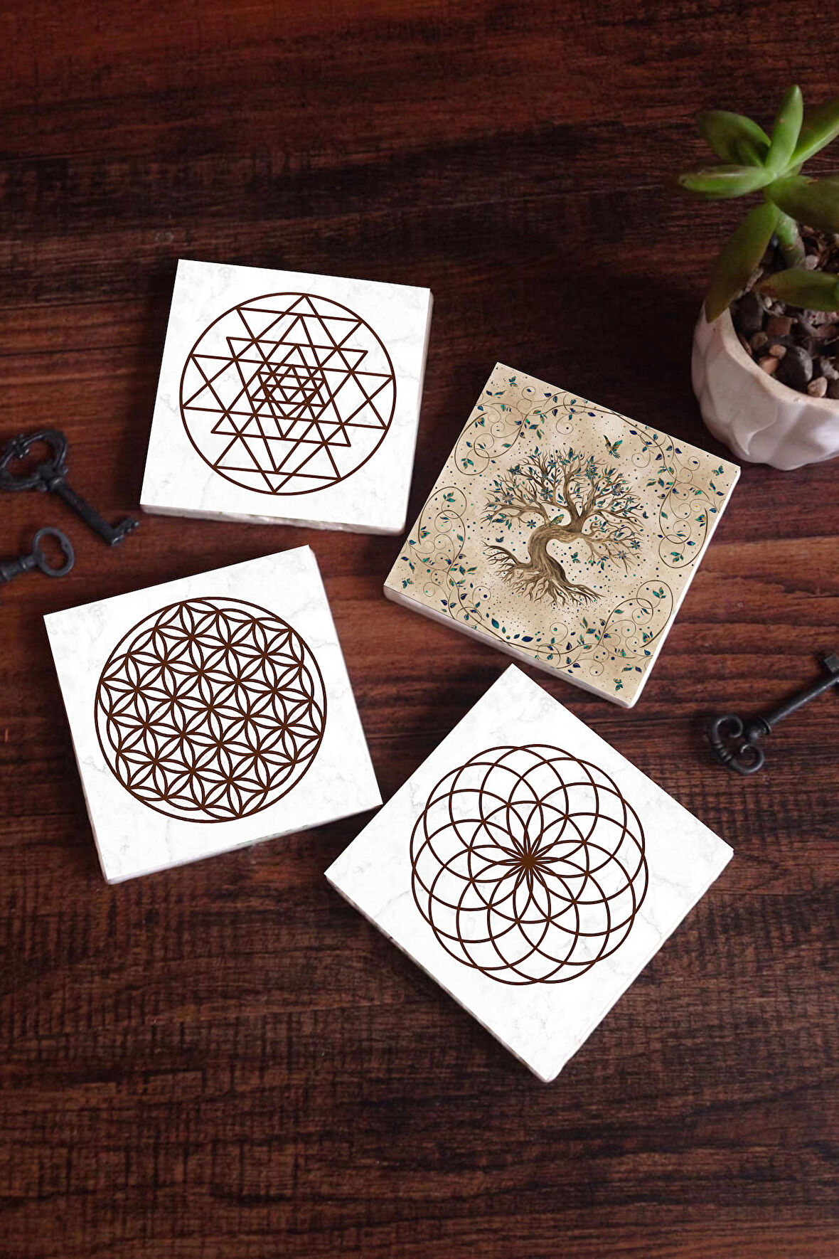 Yaşam Çiçeği, Sri Yantra, Hayat Ağacı Taş Bardak Altlığı Masaüstü Koruyucu Altlık 4 Parça Set 10x10cm Stone Coasters