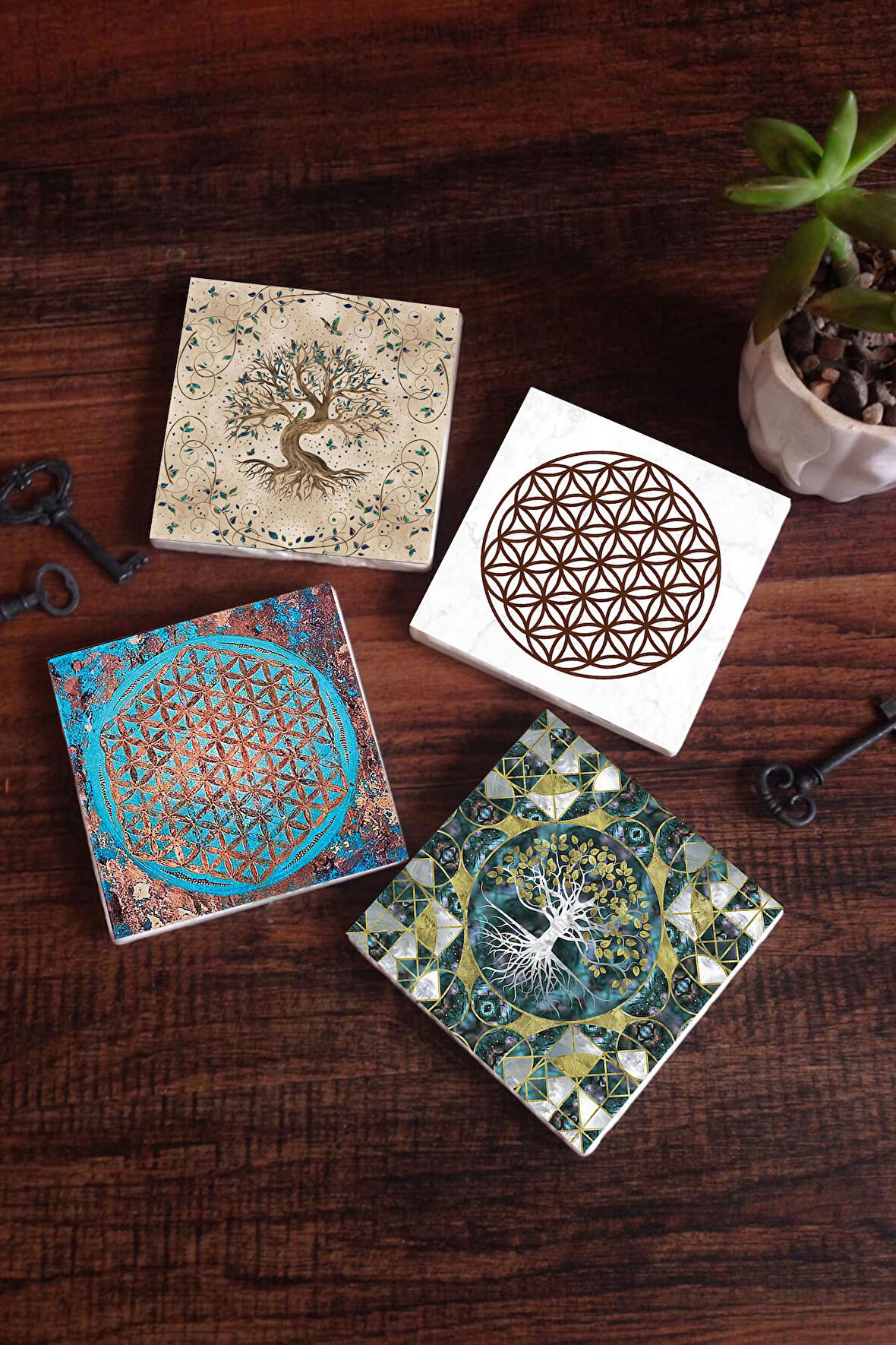 Yaşam Çiçeği, Hayat Ağacı Taş Bardak Altlığı Masaüstü Koruyucu Altlık 4 Parça Set 10x10cm Stone Coasters
