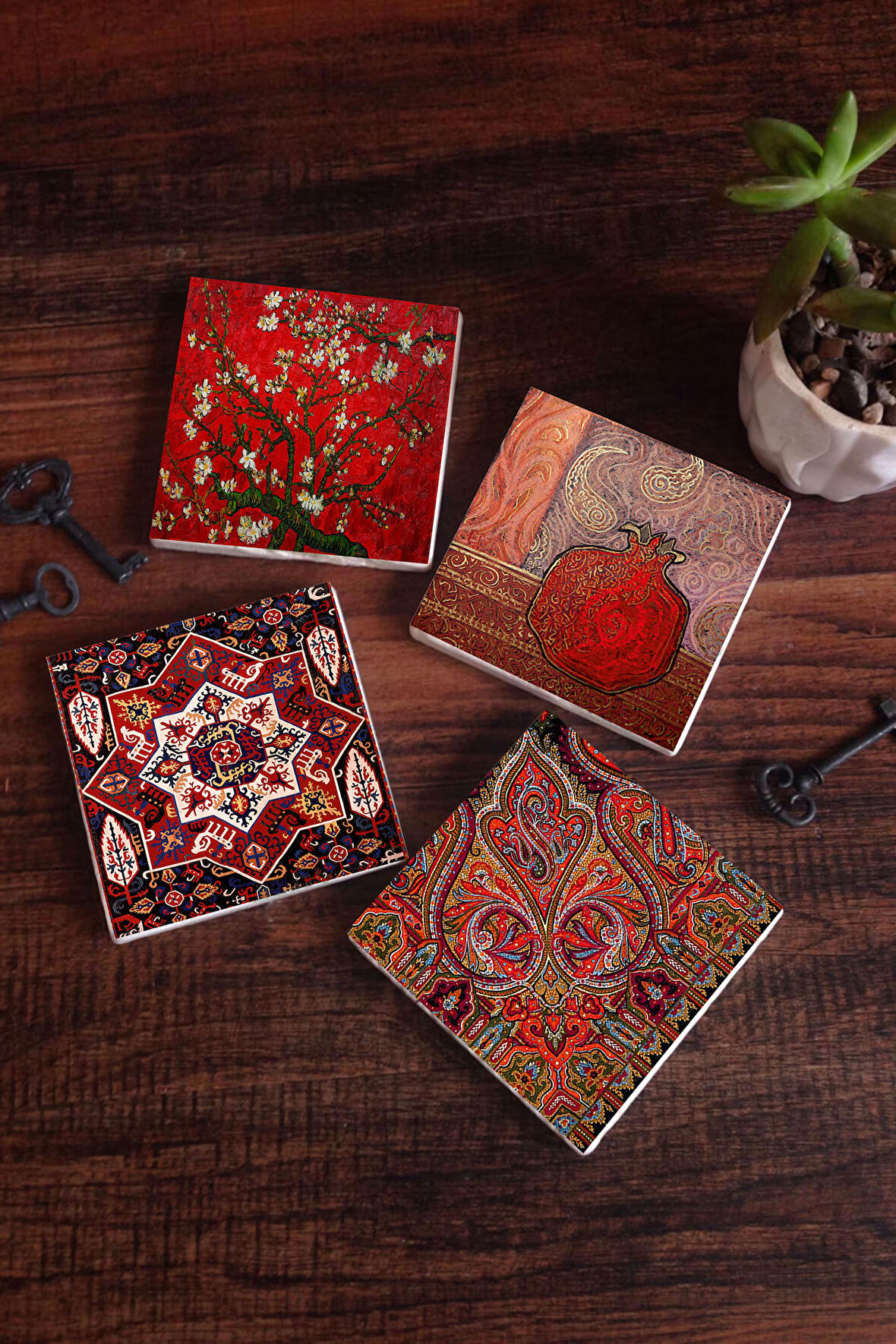 Nar, Desen, Van Gogh Badem Ağacı Taş Bardak Altlığı Masaüstü Koruyucu Altlık 4 Parça Set 10x10cm Stone Coasters