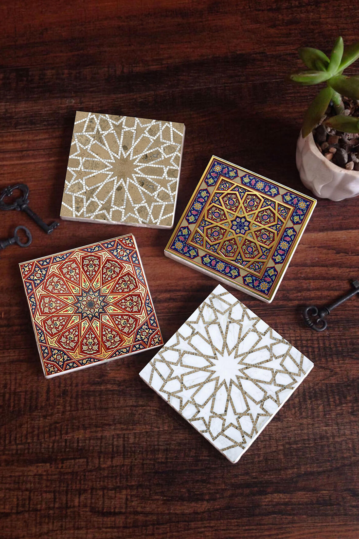 Etnik Desen Taş Bardak Altlığı Masaüstü Koruyucu Altlık 4 Parça Set 10x10cm Stone Coasters