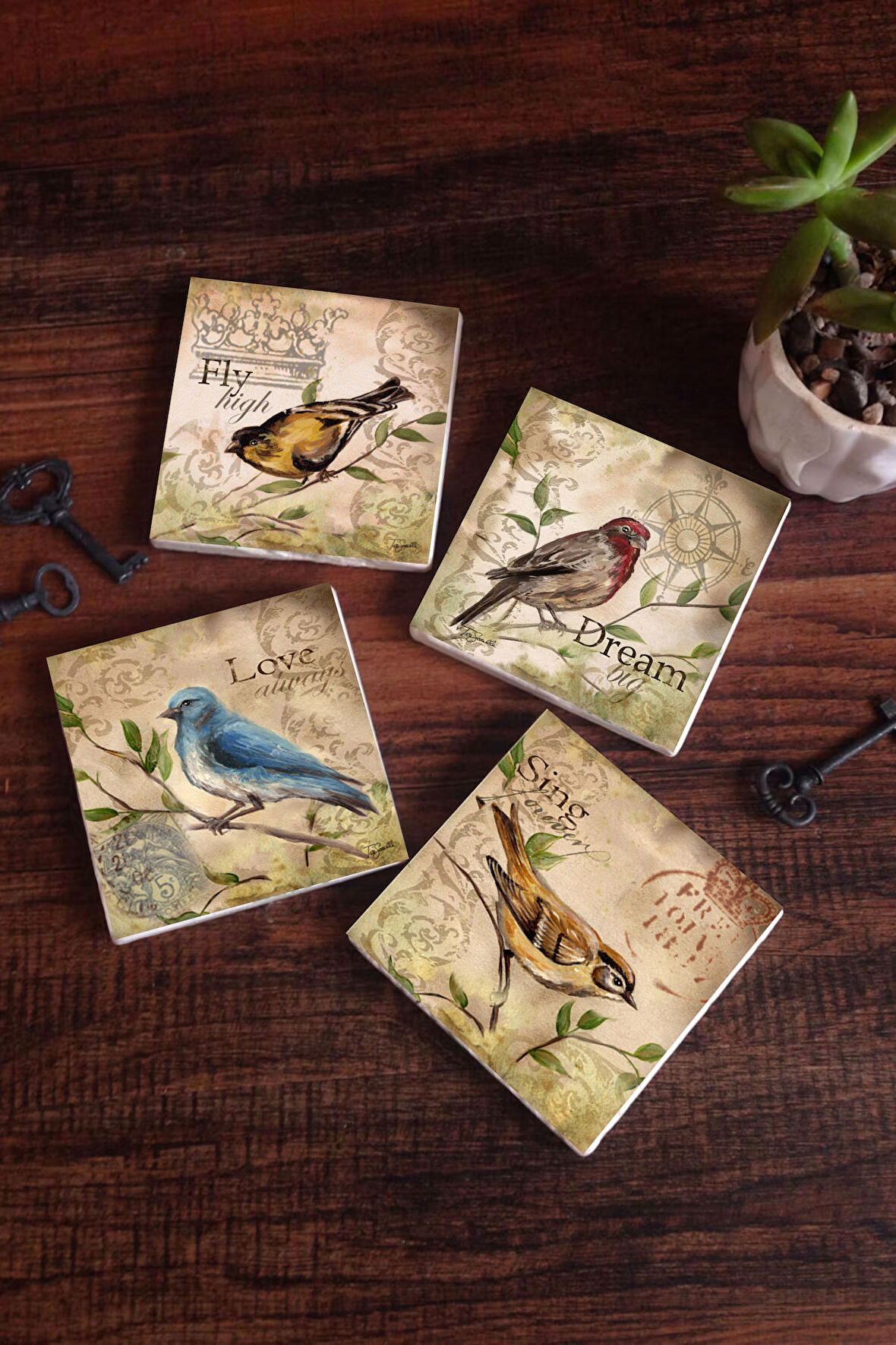 Serçe Kuş Taş Bardak Altlığı Masaüstü Koruyucu Altlık 4 Parça Set 10x10cm Stone Coasters