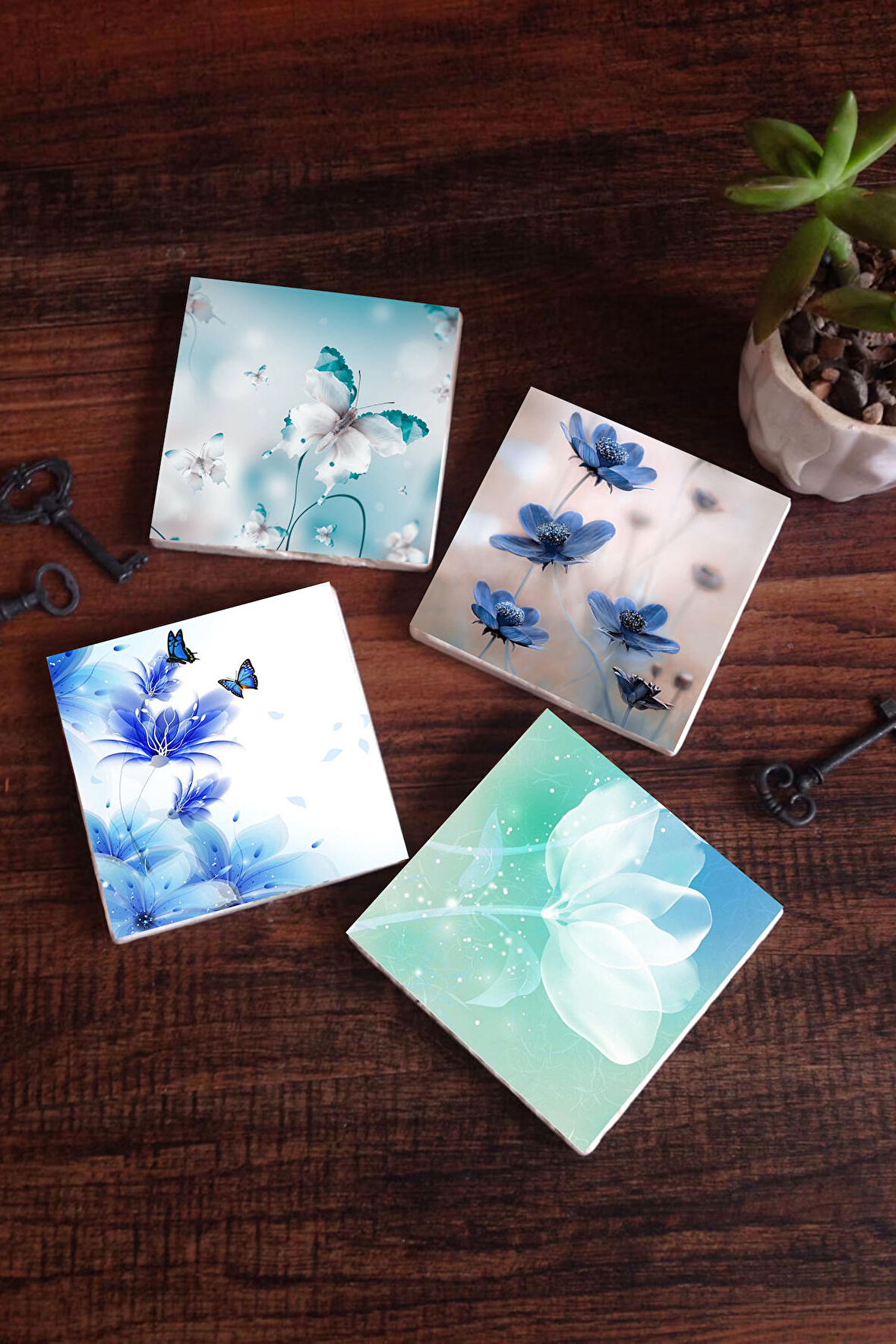 Kelebeğin Rüyası Taş Bardak Altlığı Masaüstü Koruyucu Altlık 4 Parça Set 10x10cm Stone Coasters