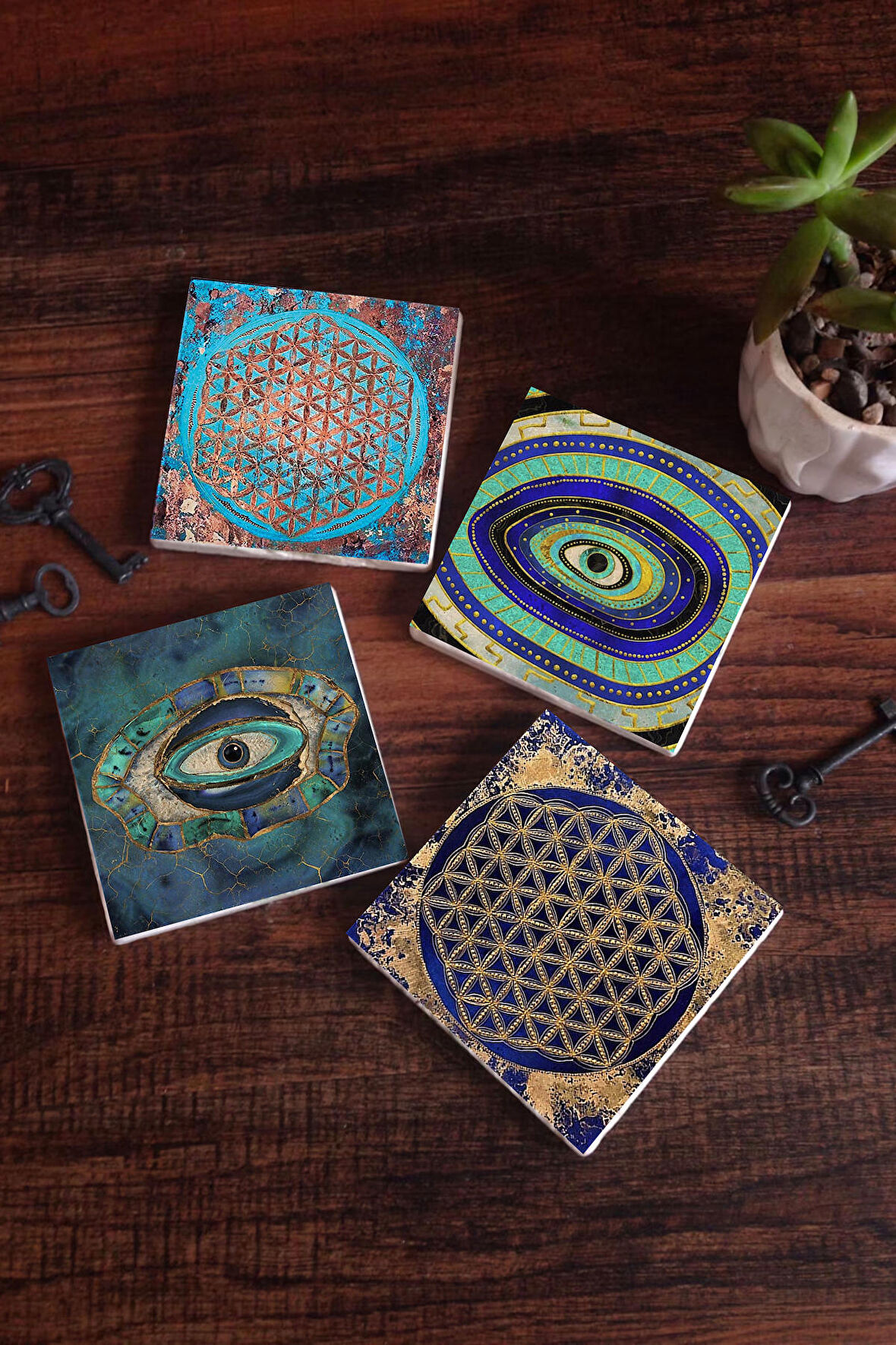 Nazar, Yaşam Çiçeği Taş Bardak Altlığı Masaüstü Koruyucu Altlık 4 Parça Set 10x10cm Stone Coasters