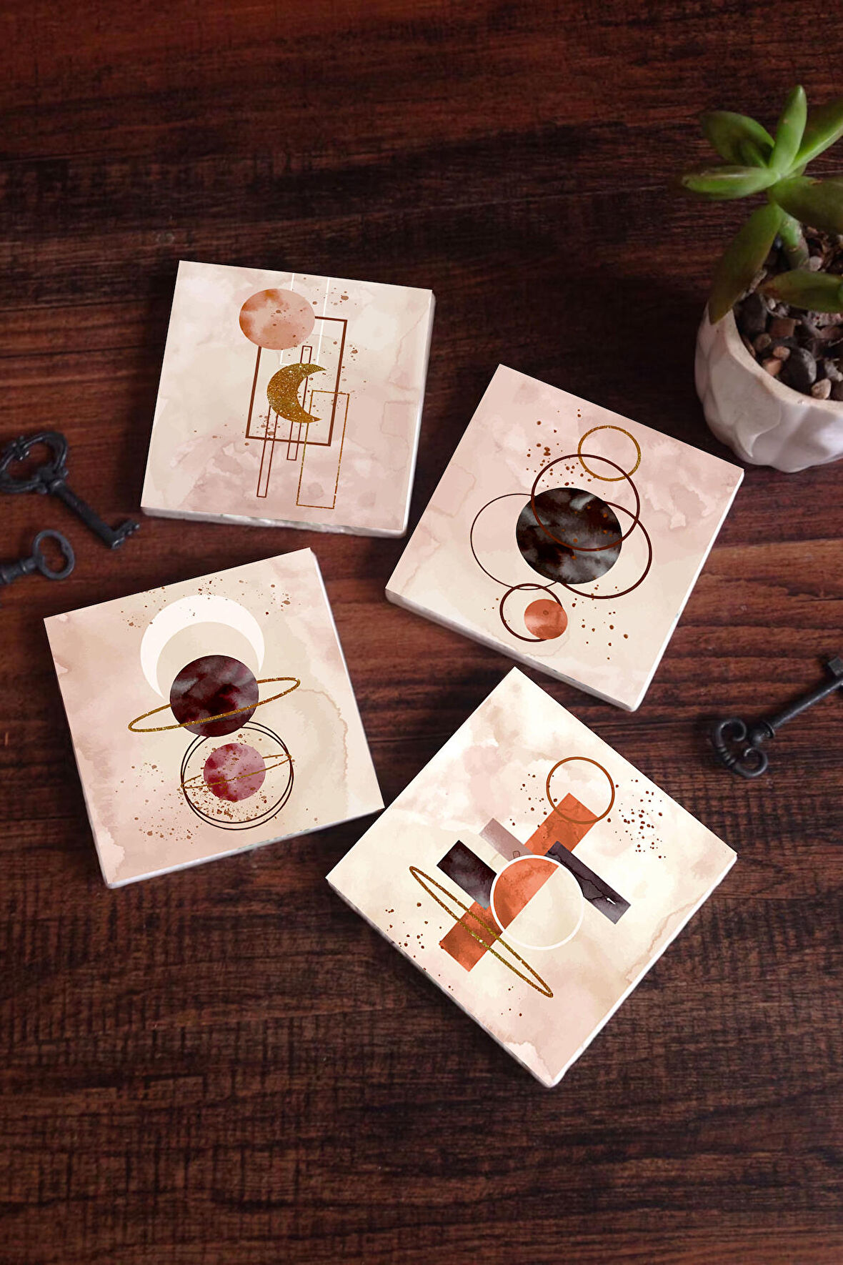 Minimalist Soyut Taş Bardak Altlığı Masaüstü Koruyucu Altlık 4 Parça Set 10x10cm Stone Coasters