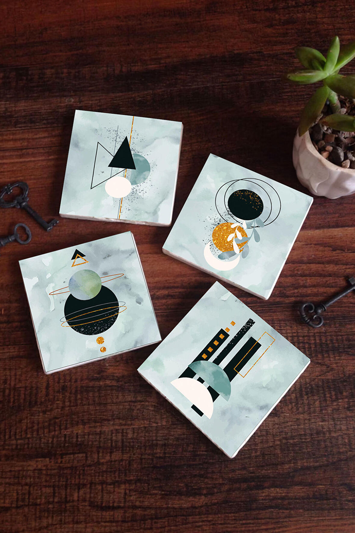 Minimalist Soyut Taş Bardak Altlığı Masaüstü Koruyucu Altlık 4 Parça Set 10x10cm Stone Coasters