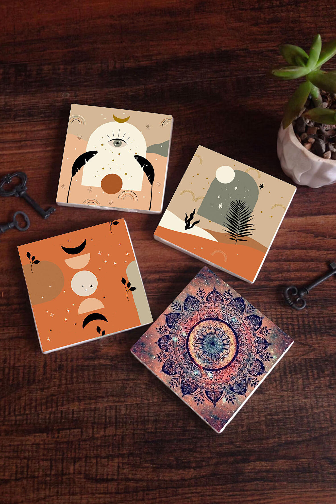 Bohem, Mandala Taş Bardak Altlığı Masaüstü Koruyucu Altlık 4 Parça Set 10x10cm Stone Coasters