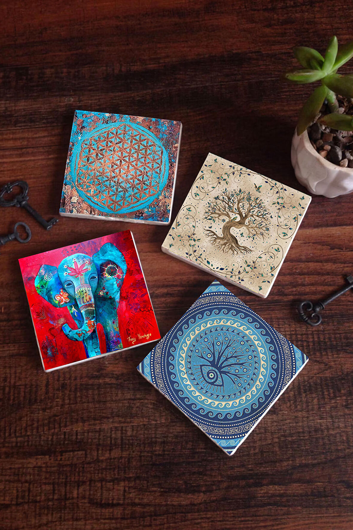 Fil, Nazar, Yaşam Çiçeği, Hayat Ağacı Taş Bardak Altlığı Masaüstü Koruyucu Altlık 4 Parça Set 10x10cm Stone Coasters