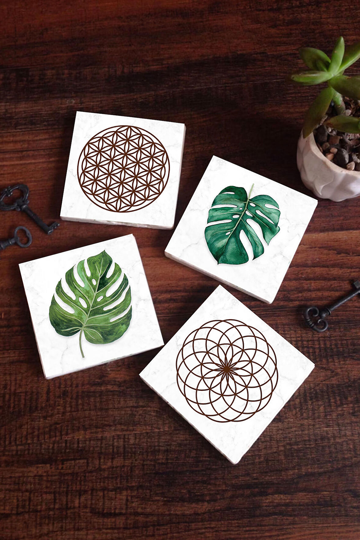Yaprak, Yaşam Çiçeği Taş Bardak Altlığı Masaüstü Koruyucu Altlık 4 Parça Set 10x10cm Stone Coasters