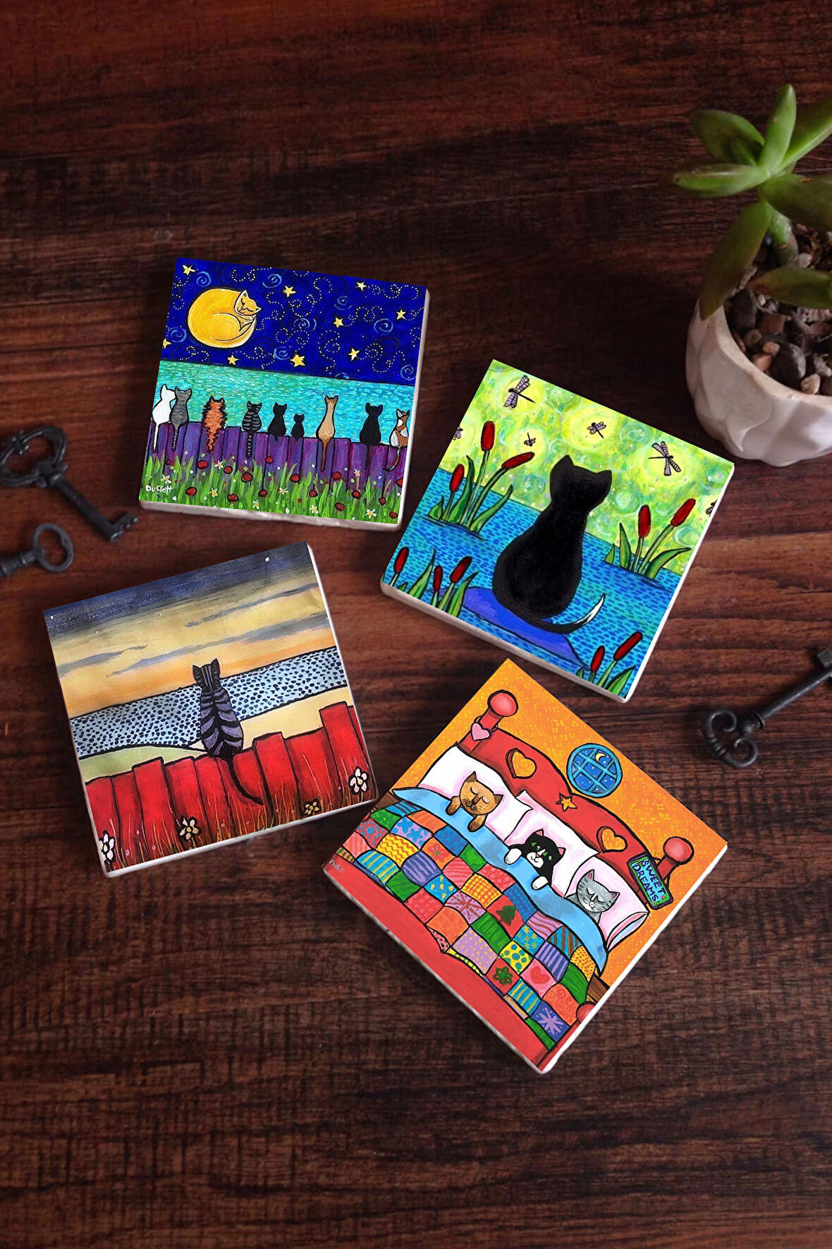 Kedi Taş Bardak Altlığı Masaüstü Koruyucu Altlık 4 Parça Set 10x10cm Stone Coasters