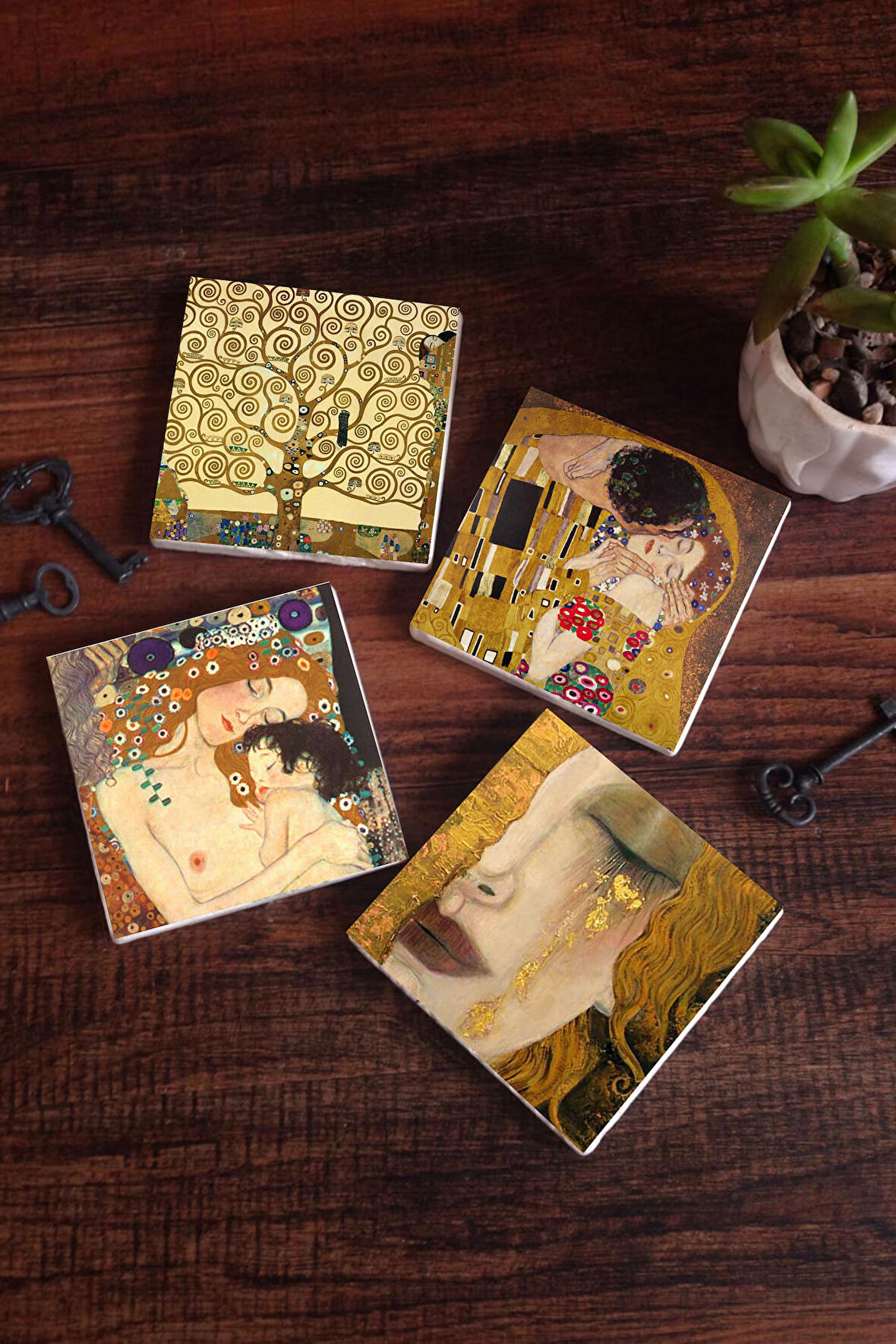 Gustav Klimt Altın Gözyaşları, Anne Çocuk, Öpücük, Hayat Ağacı Taş Bardak Altlığı Masaüstü Koruyucu Altlık 4 Parça Set 10x10cm Stone Coasters