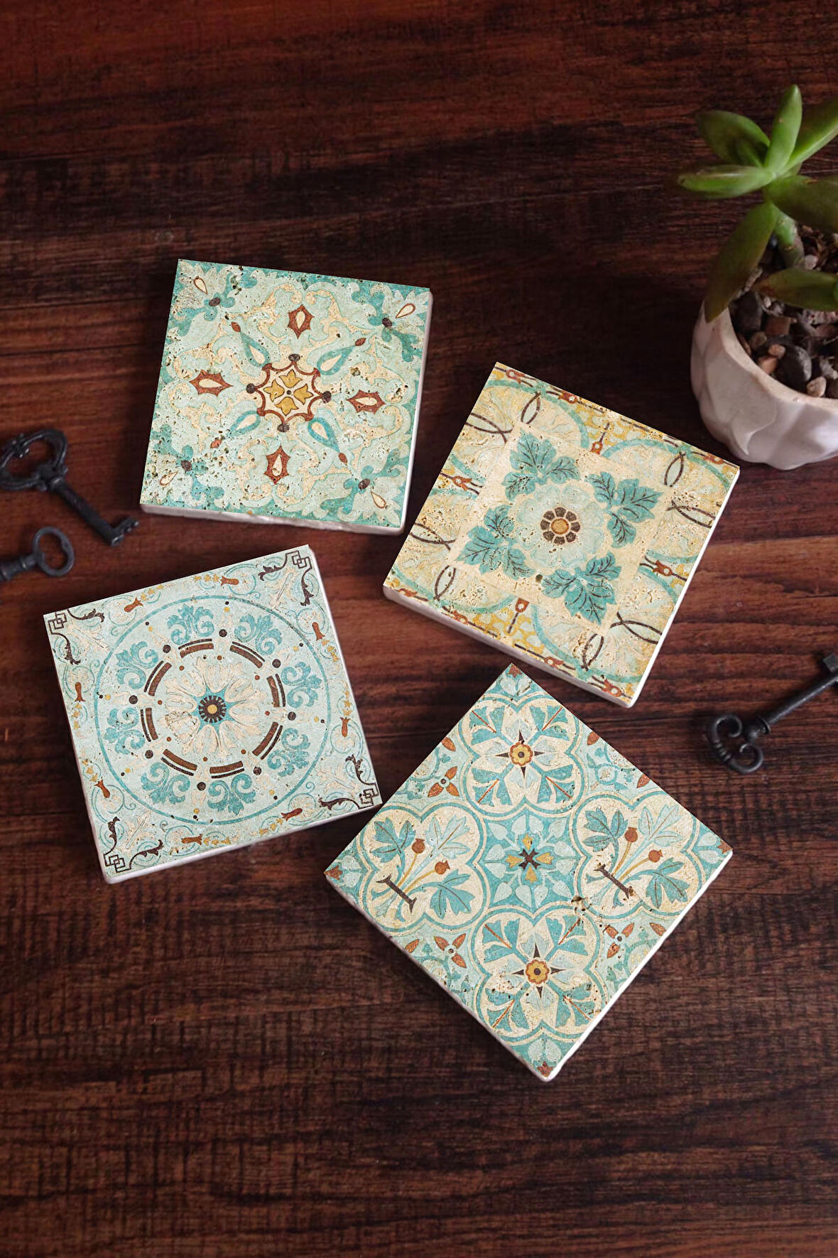 Desen Taş Bardak Altlığı Masaüstü Koruyucu Altlık 4 Parça Set 10x10cm Stone Coasters