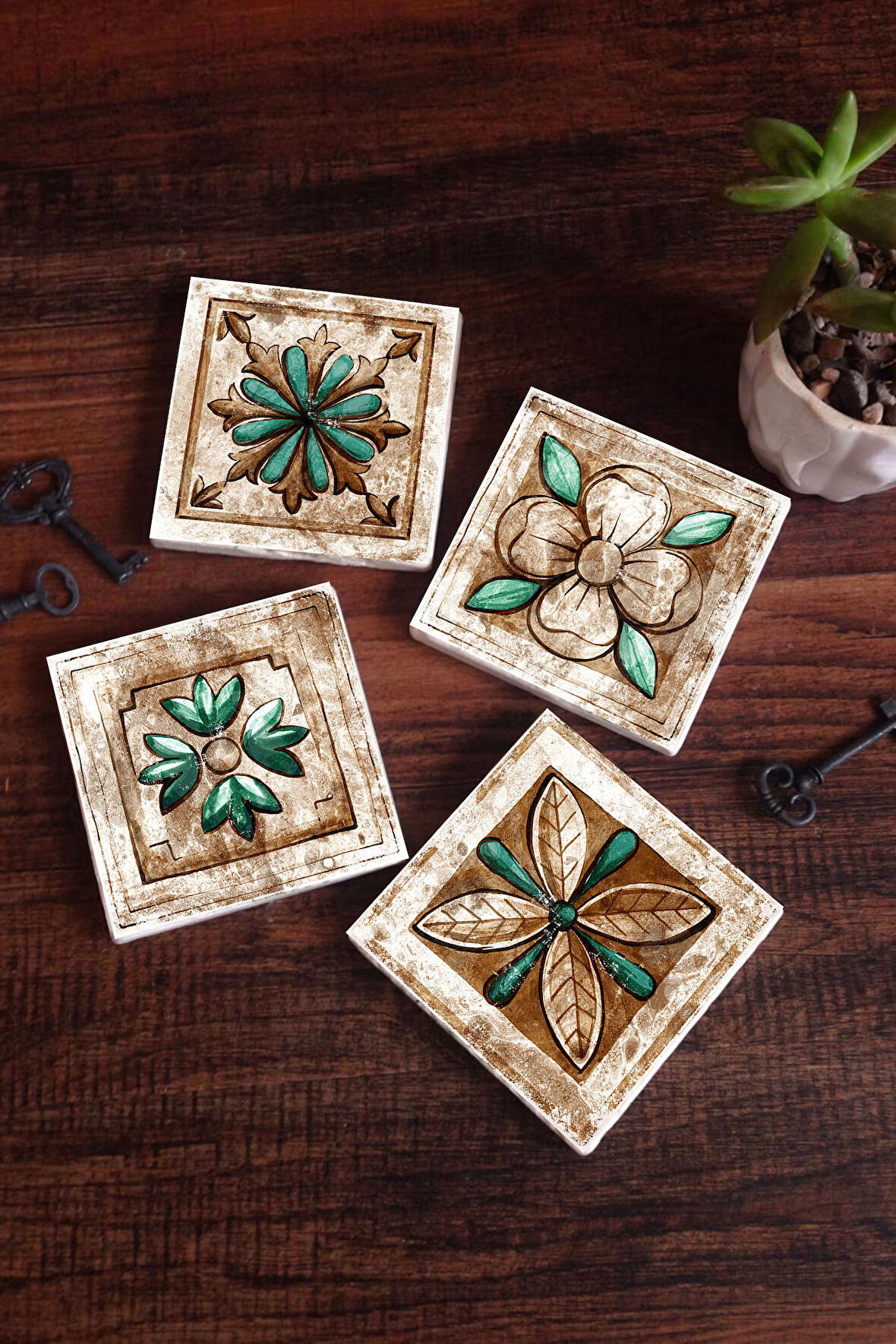 Fas Desenli Vintage Taş Bardak Altlığı Masaüstü Koruyucu Altlık 4 Parça Set 10x10cm Stone Coasters