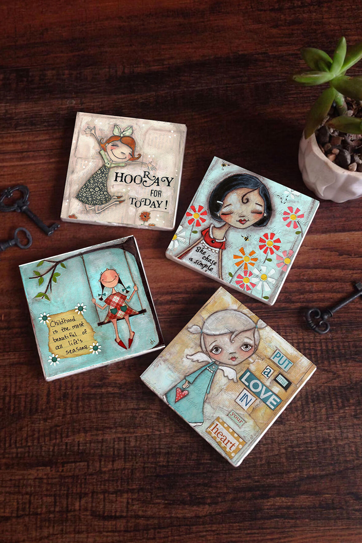 Mutlu Kız Taş Bardak Altlığı Masaüstü Koruyucu Altlık 4 Parça Set 10x10cm Stone Coasters