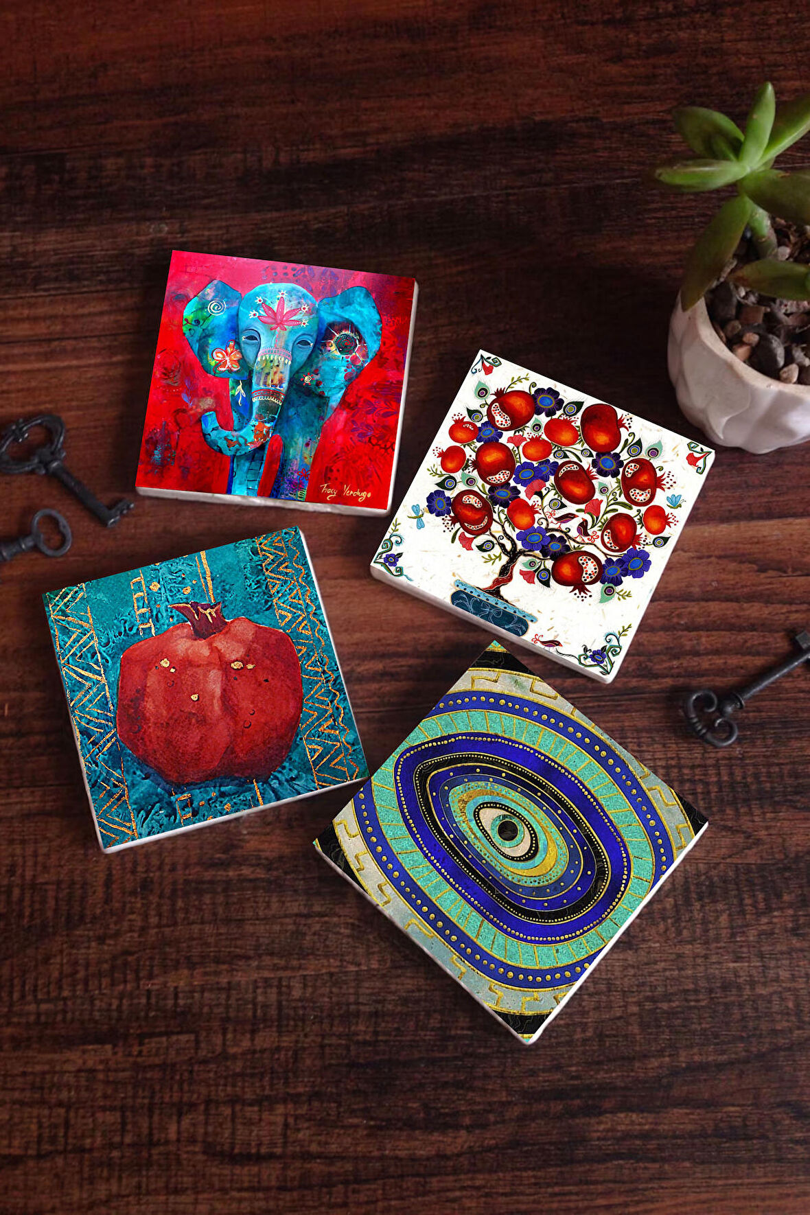 Fil, Nazar, Nar Ağacı, Nar Taş Bardak Altlığı Masaüstü Koruyucu Altlık 4 Parça Set 10x10cm Stone Coasters