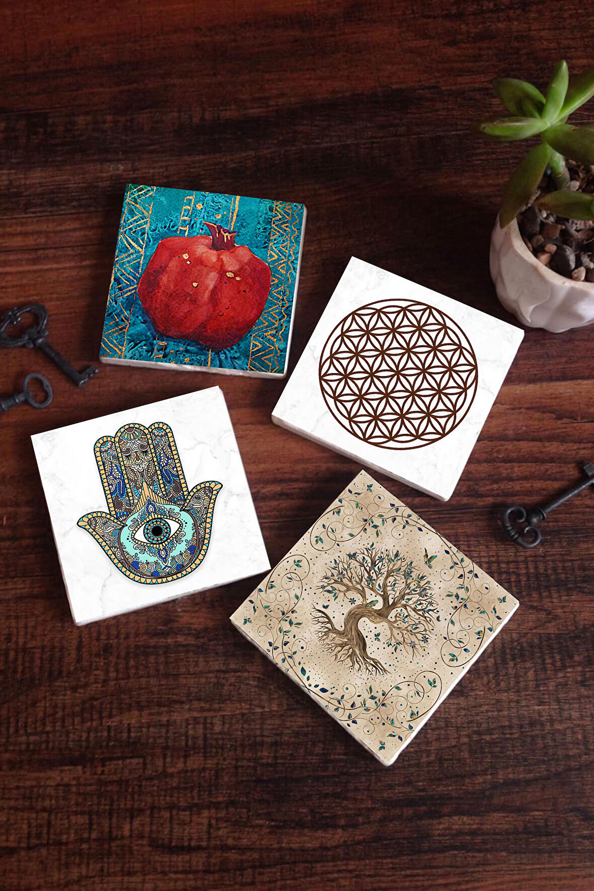 Yaşam Çiçeği, Hayat Ağacı, Nar, Fatma Ana Eli (Hamsa) Taş Bardak Altlığı Masaüstü Koruyucu Altlık 4 Parça Set 10x10cm Stone Coasters