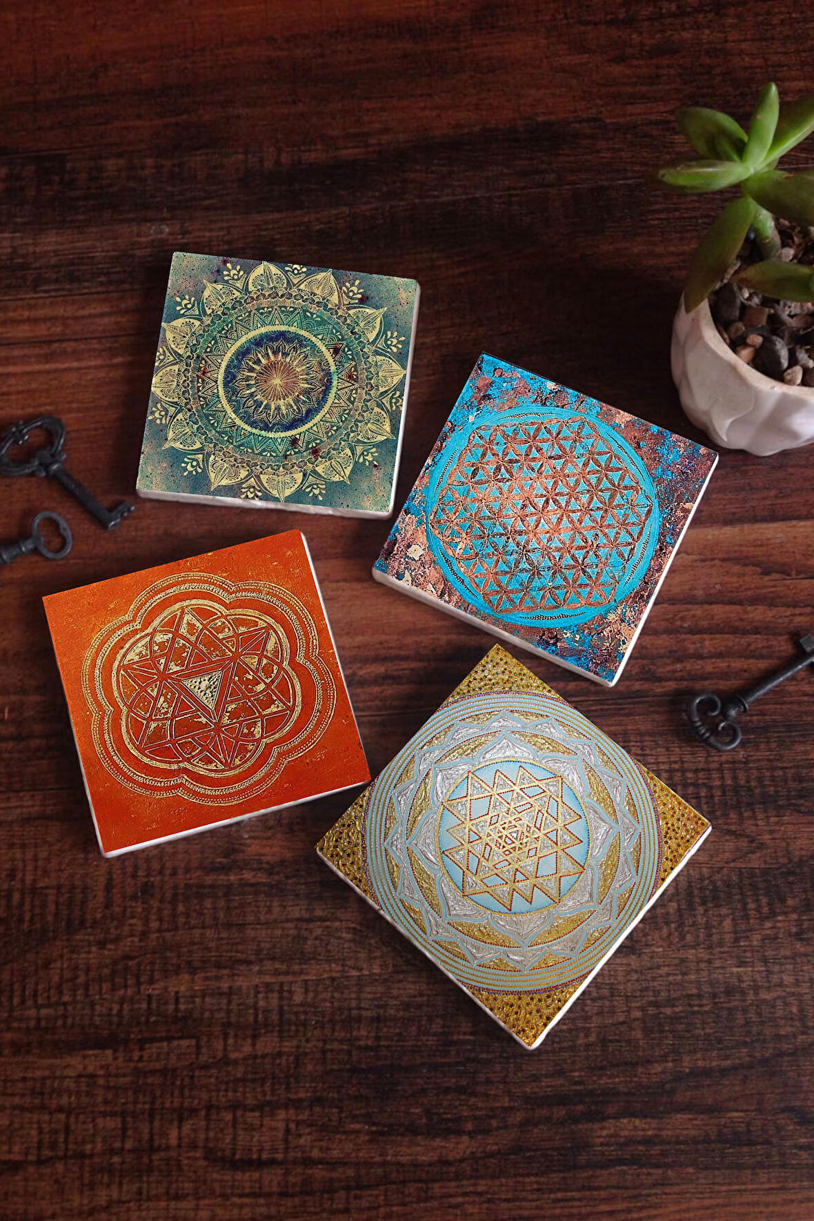 Mandala, Yaşam Çiçeği, Sri Yantra Taş Bardak Altlığı Masaüstü Koruyucu Altlık 4 Parça Set 10x10cm Stone Coasters
