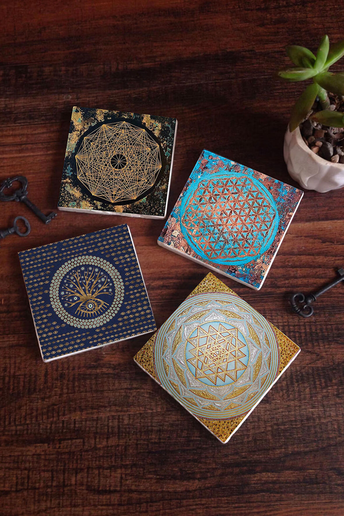 Nazar Ağaç, Yaşam Çiçeği, Sri Yantra Taş Bardak Altlığı Masaüstü Koruyucu Altlık 4 Parça Set 10x10cm Stone Coasters