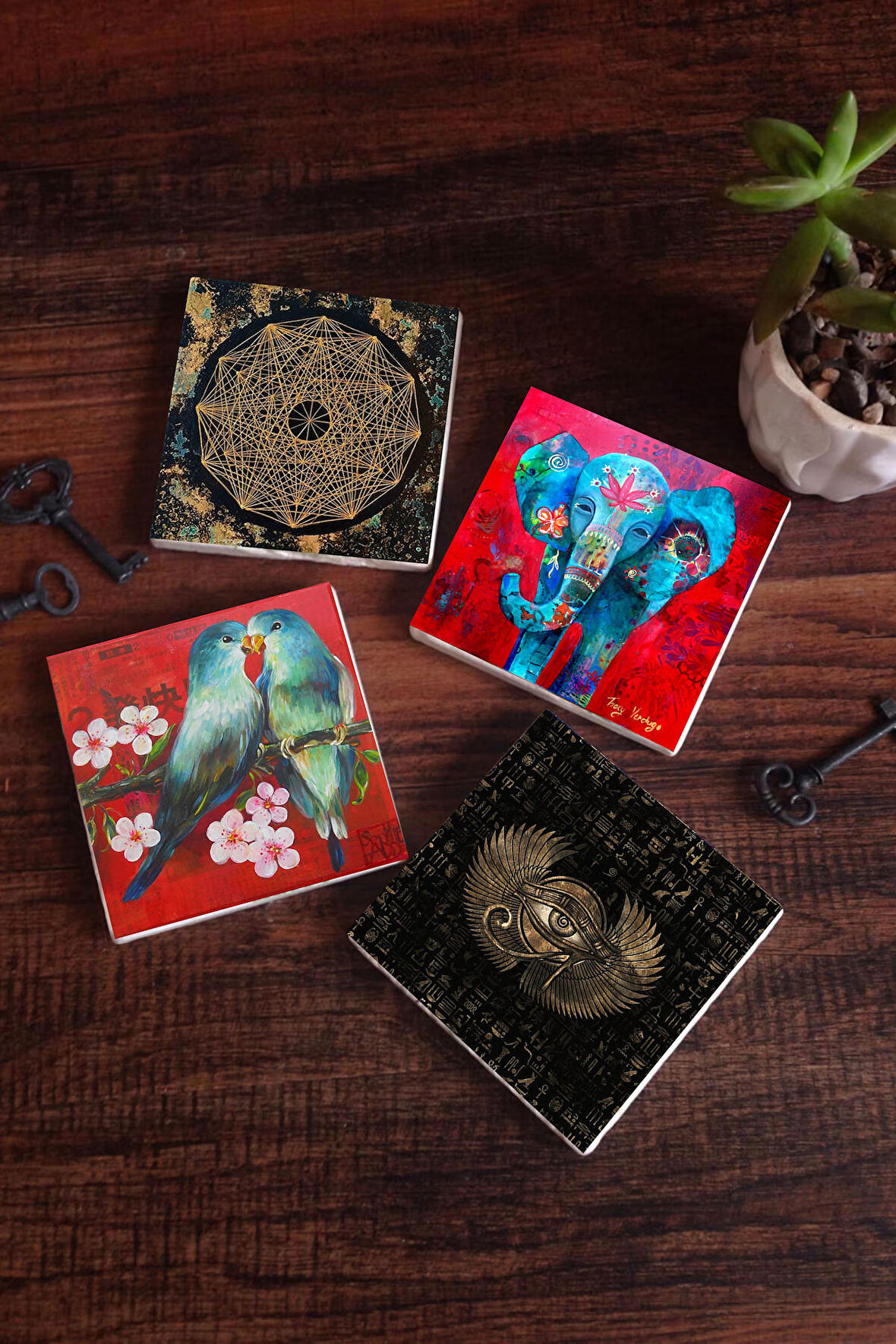 Fil, Kuş, Horus'un Gözü, Sri Yantra Taş Bardak Altlığı Masaüstü Koruyucu Altlık 4 Parça Set 10x10cm Stone Coasters