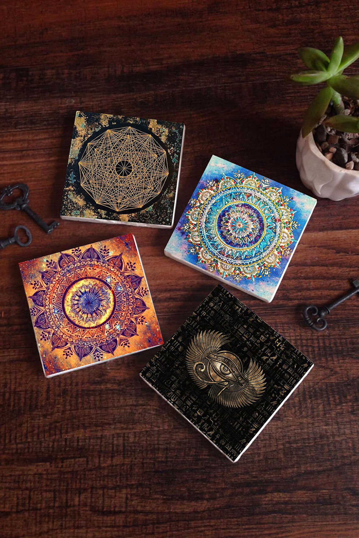 Mandala, Horus'un Gözü, Sri Yantra Taş Bardak Altlığı Masaüstü Koruyucu Altlık 4 Parça Set 10x10cm Stone Coasters
