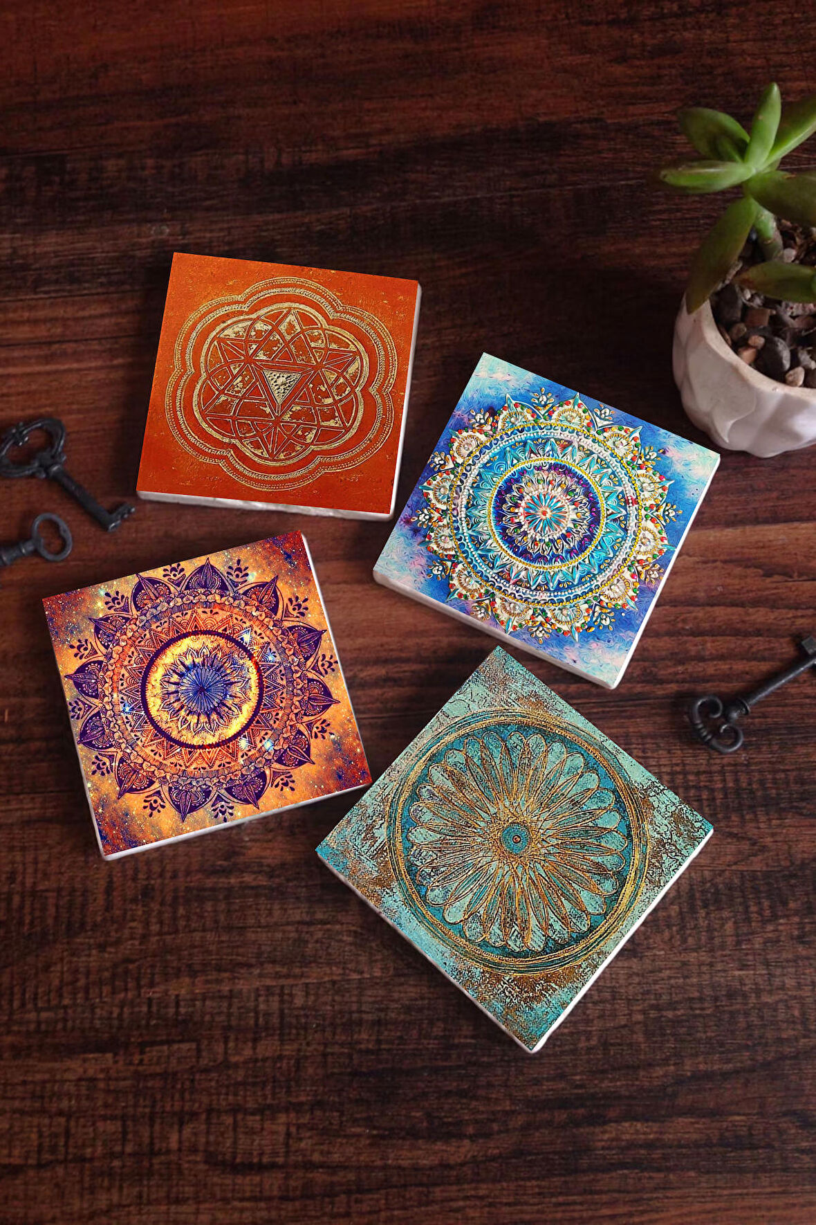 Mandala, Yaşam Çiçeği, Sri Yantra Taş Bardak Altlığı Masaüstü Koruyucu Altlık 4 Parça Set 10x10cm Stone Coasters