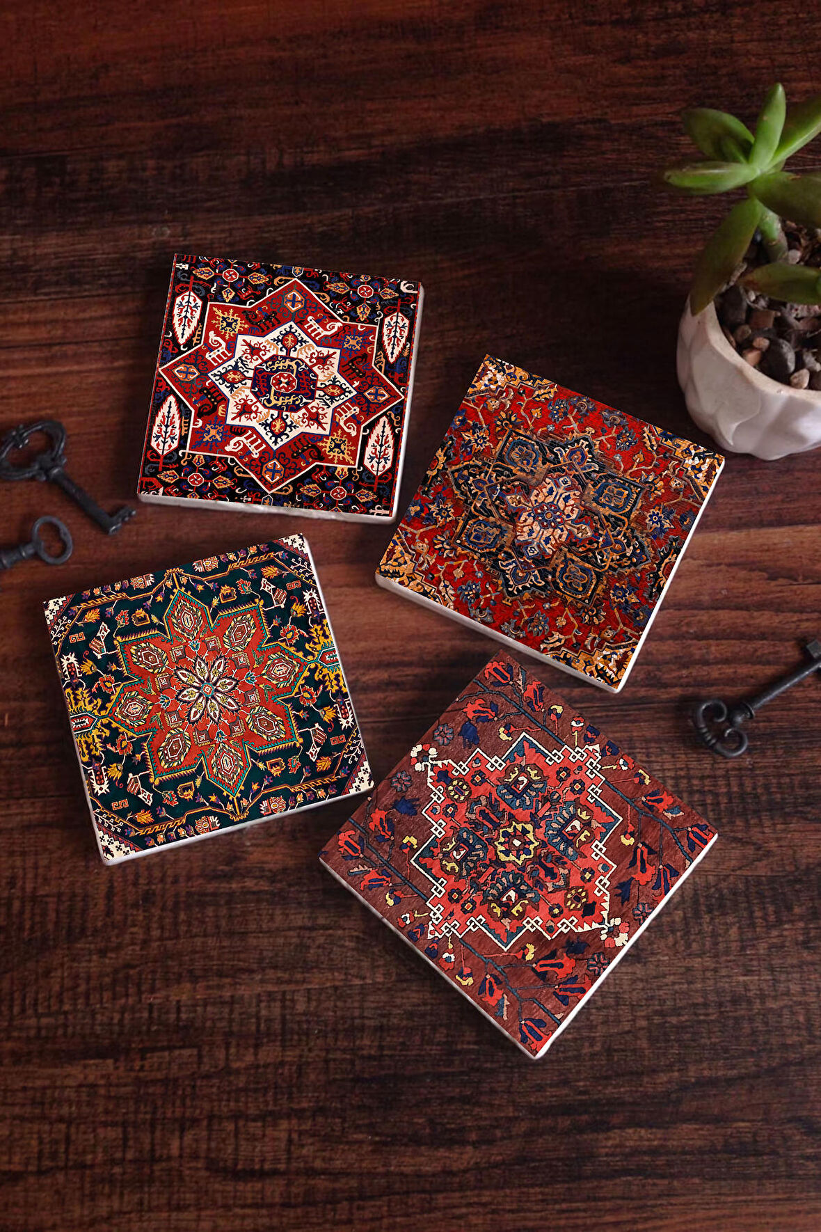Desen Taş Bardak Altlığı Masaüstü Koruyucu Altlık 4 Parça Set 10x10cm Stone Coasters