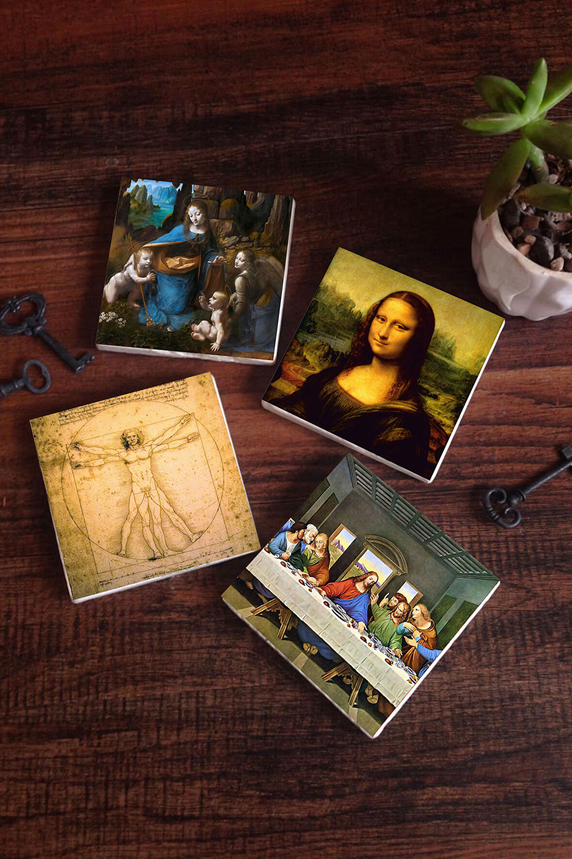 Da Vinci Son Akşam Yemeği, Kayalıklar Bakiresi, Mona Lisa, Vitruvius Adamı Taş Bardak Altlığı Masaüstü Koruyucu Altlık 4 Parça Set 10x10cm Stone Coasters
