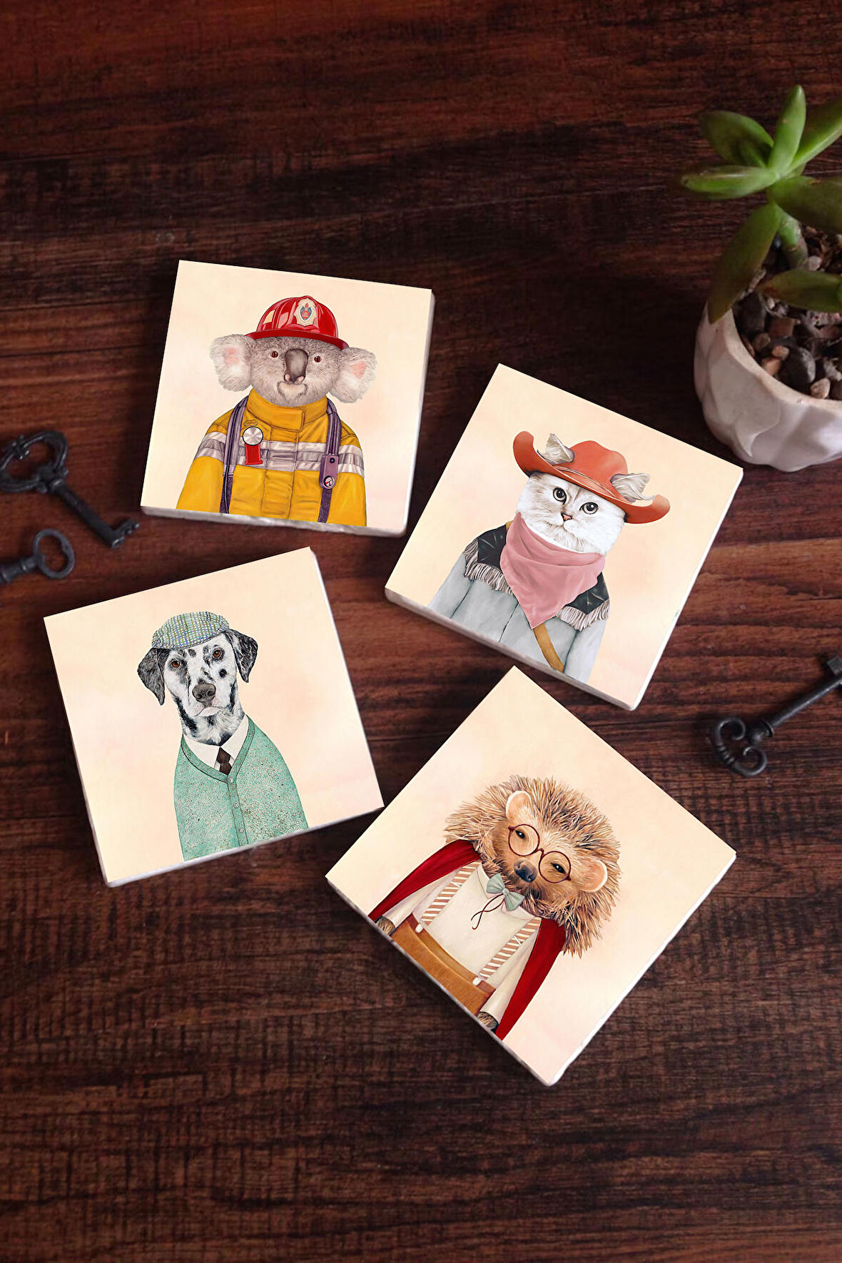 Kirpi, Köpek, Kedi, Koala Taş Bardak Altlığı Masaüstü Koruyucu Altlık 4 Parça Set 10x10cm Stone Coasters
