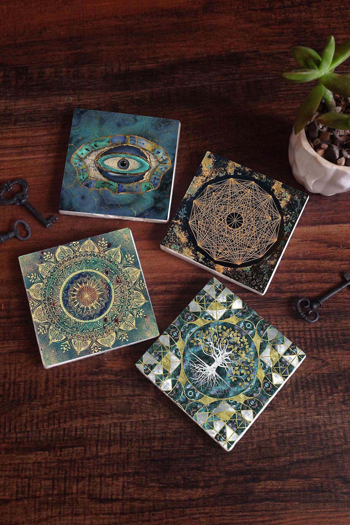 Hayat Ağacı, Mandala, Nazar, Sri Yantra Taş Bardak Altlığı Masaüstü Koruyucu Altlık 4 Parça Set 10x10cm Stone Coasters