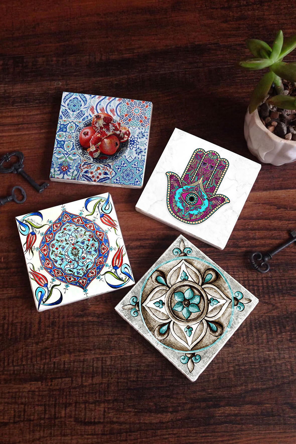 Fatma Ana Eli (Hamsa), Çini Sanatı, Nar Taş Bardak Altlığı Masaüstü Koruyucu Altlık 4 Parça Set 10x10cm Stone Coasters