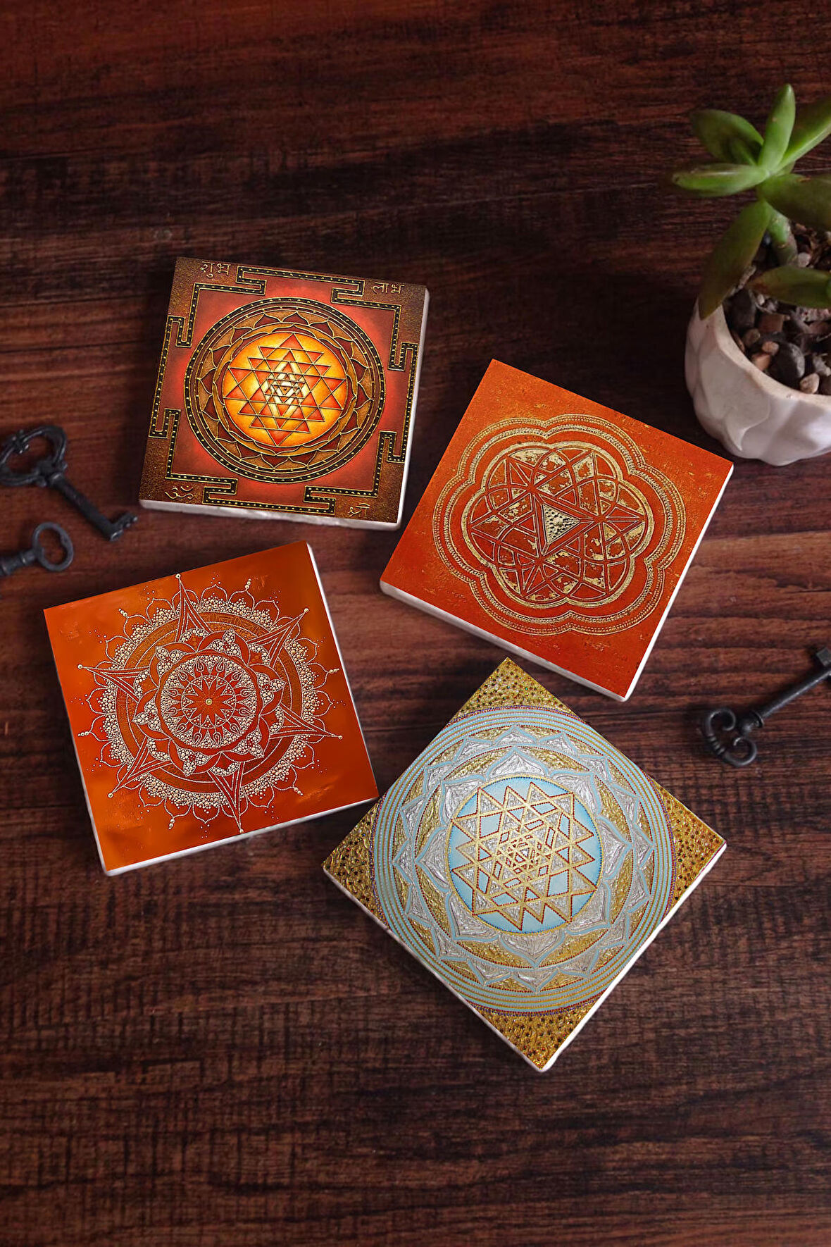Sri Yantra, Mandala Taş Bardak Altlığı Masaüstü Koruyucu Altlık 4 Parça Set 10x10cm Stone Coasters