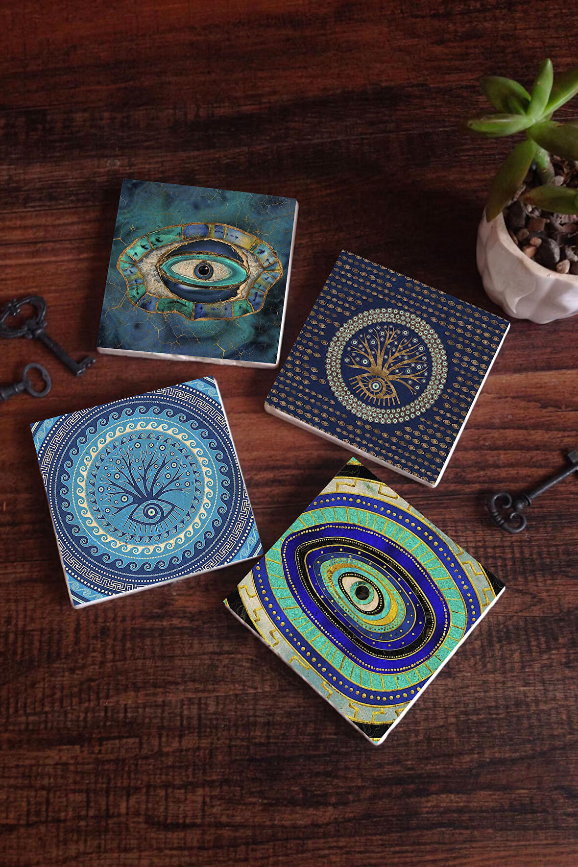 Nazar Taş Bardak Altlığı Masaüstü Koruyucu Altlık 4 Parça Set 10x10cm Stone Coasters