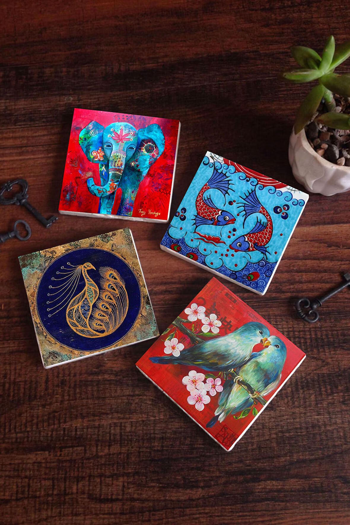 Fil, Kuş, Tavus Kuşu, Çini Sanatı Balık Taş Bardak Altlığı Masaüstü Koruyucu Altlık 4 Parça Set 10x10cm Stone Coasters