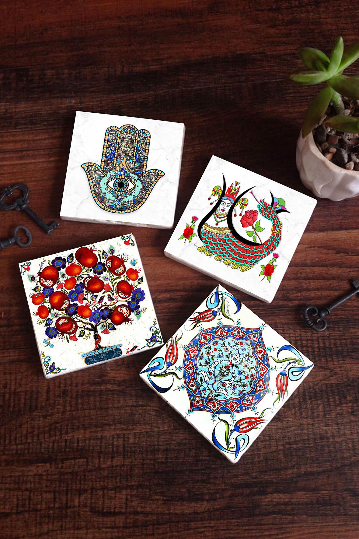 Şahmeran, Çini Sanatı, Nar Ağacı, Fatma Ana Eli (Hamsa) Taş Bardak Altlığı Masaüstü Koruyucu Altlık 4 Parça Set 10x10cm Stone Coasters