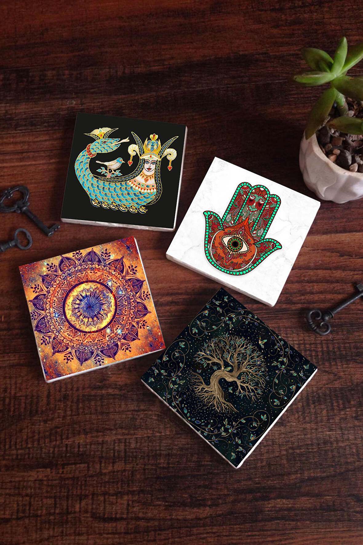 Mandala, Fatma Ana Eli (Hamsa), Hayat Ağacı, Şahmeran Taş Bardak Altlığı Masaüstü Koruyucu Altlık 4 Parça Set 10x10cm Stone Coasters