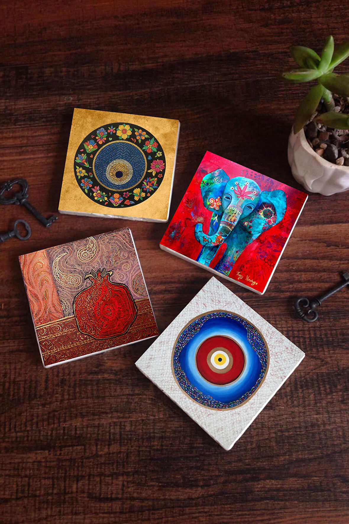 Nazar, Fil, Nar Taş Bardak Altlığı Masaüstü Koruyucu Altlık 4 Parça Set 10x10cm Stone Coasters