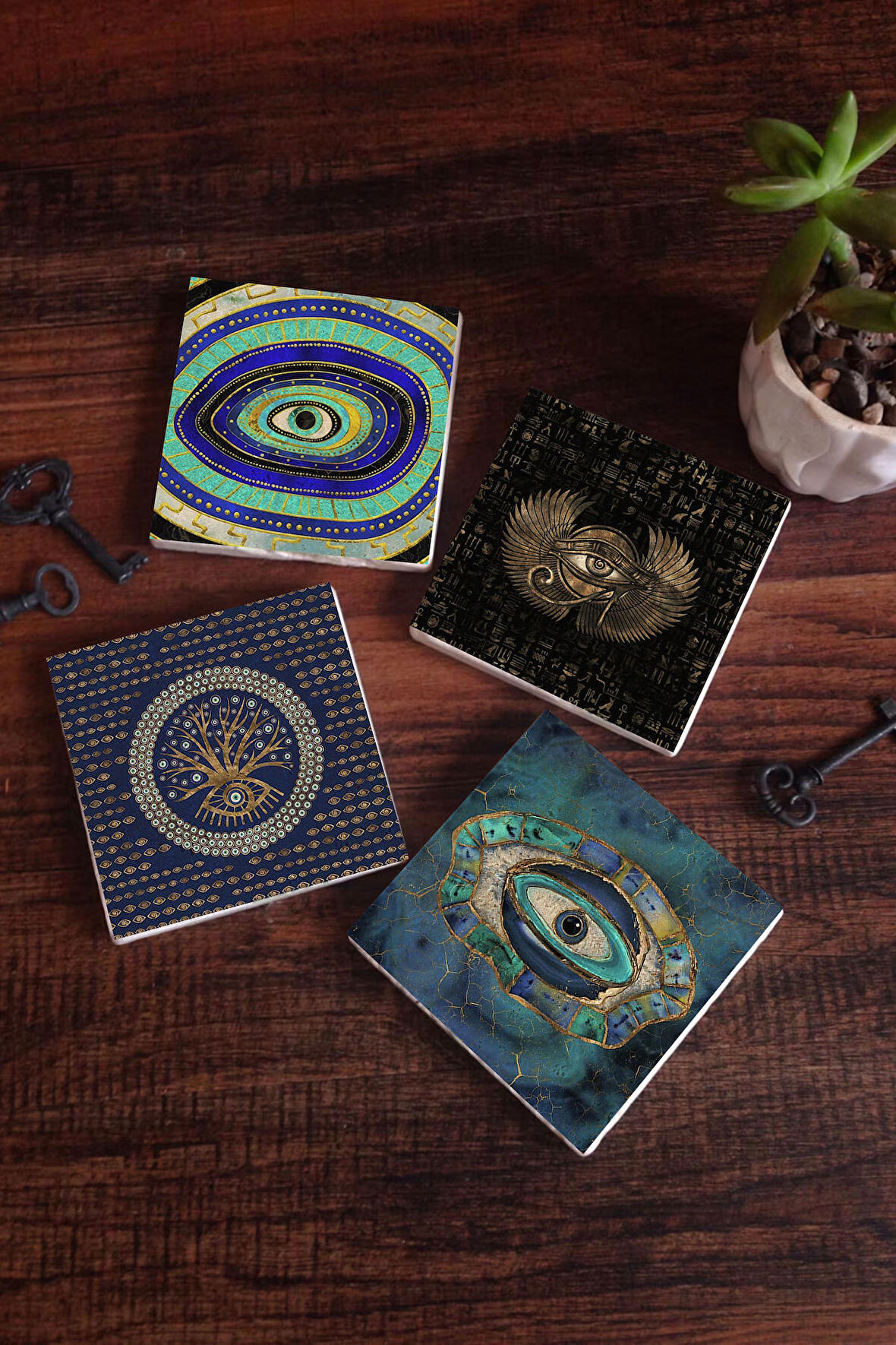 Nazar, Horus'un Gözü Taş Bardak Altlığı Masaüstü Koruyucu Altlık 4 Parça Set 10x10cm Stone Coasters