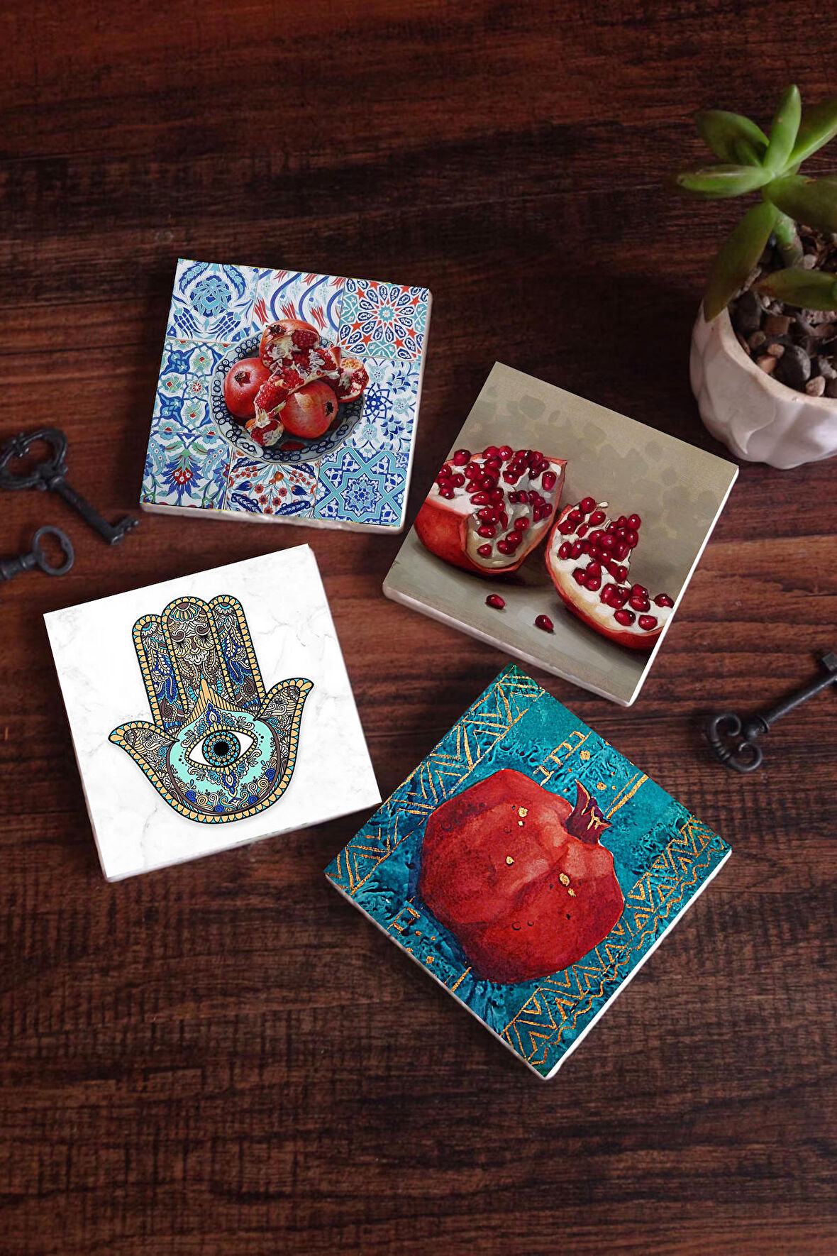Nar, Fatma Ana Eli (Hamsa) Taş Bardak Altlığı Masaüstü Koruyucu Altlık 4 Parça Set 10x10cm Stone Coasters