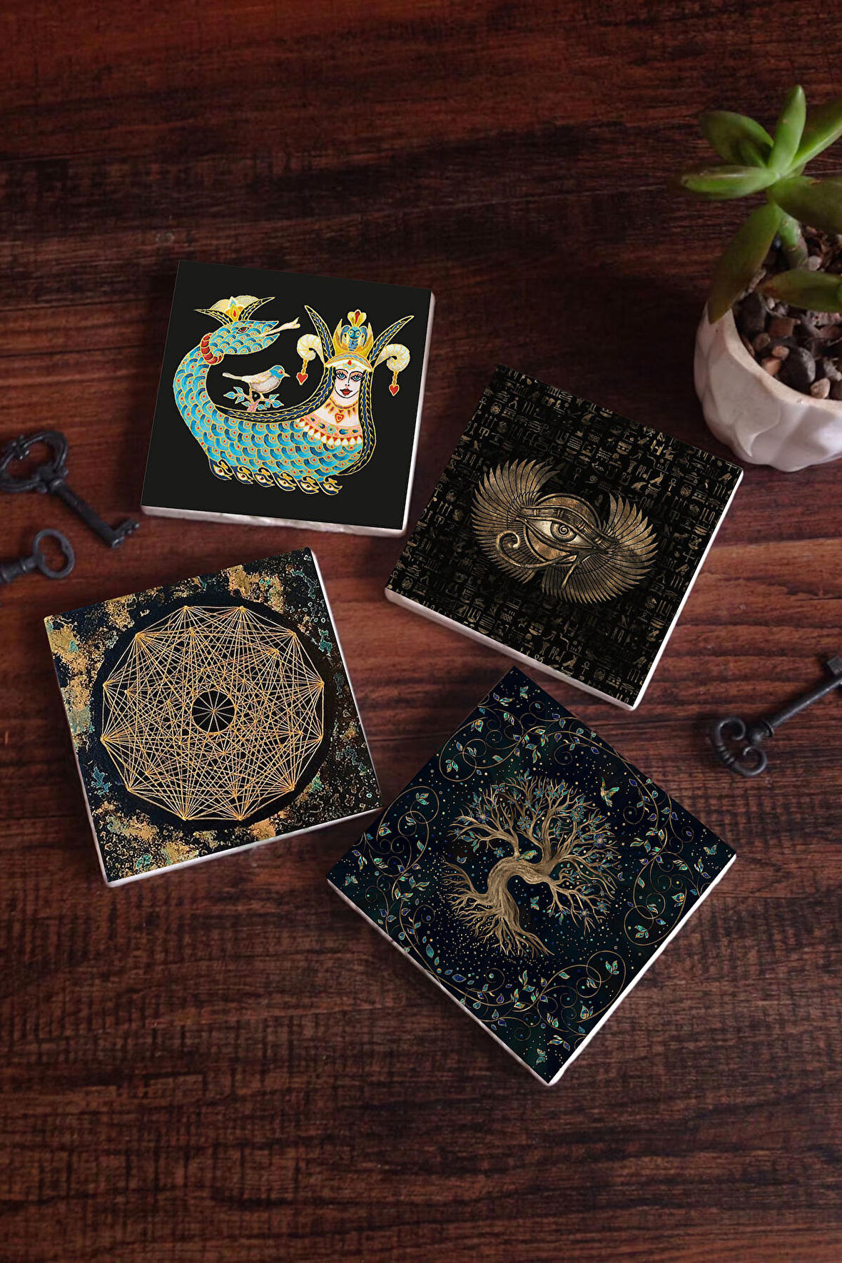 Horus'un Gözü, Sri Yantra, Hayat Ağacı, Şahmeran Taş Bardak Altlığı Masaüstü Koruyucu Altlık 4 Parça Set 10x10cm Stone Coasters