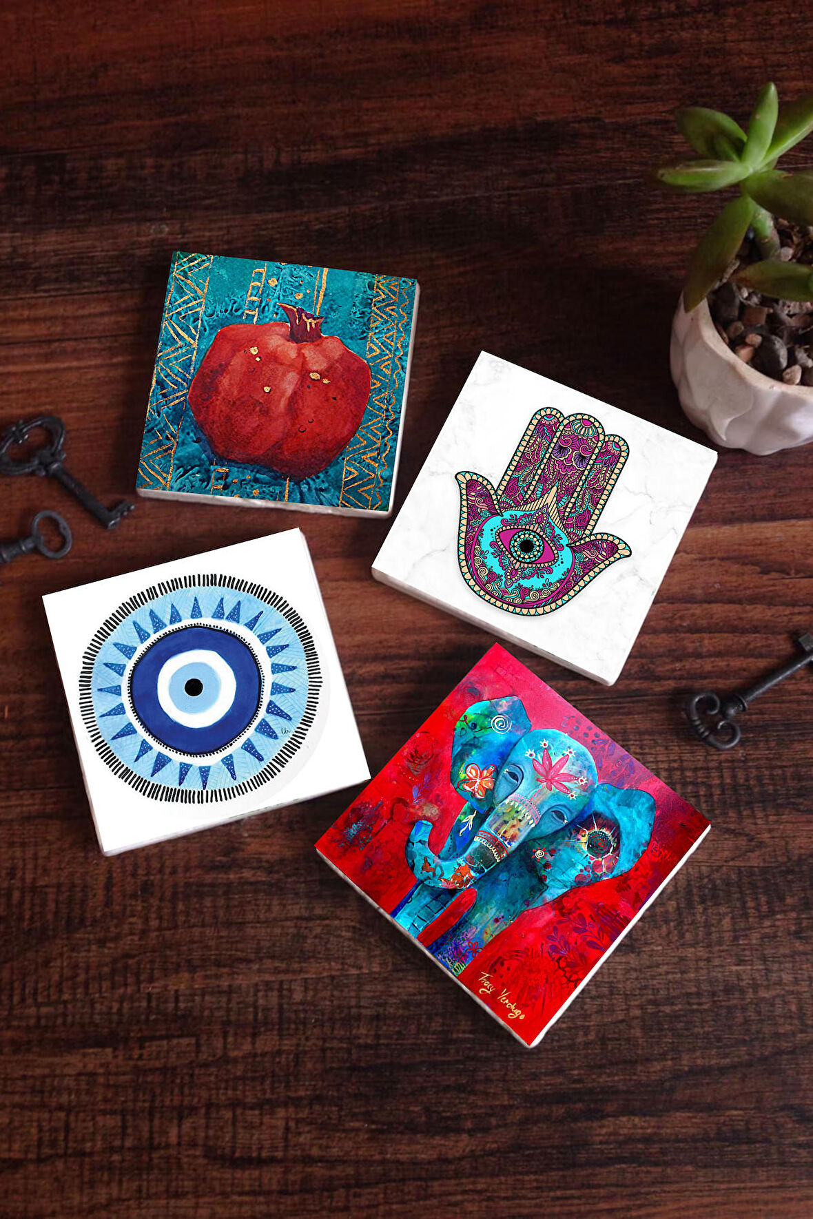 Nazar, Fil, Fatma Ana Eli (Hamsa), Nar Taş Bardak Altlığı Masaüstü Koruyucu Altlık 4 Parça Set 10x10cm Stone Coasters