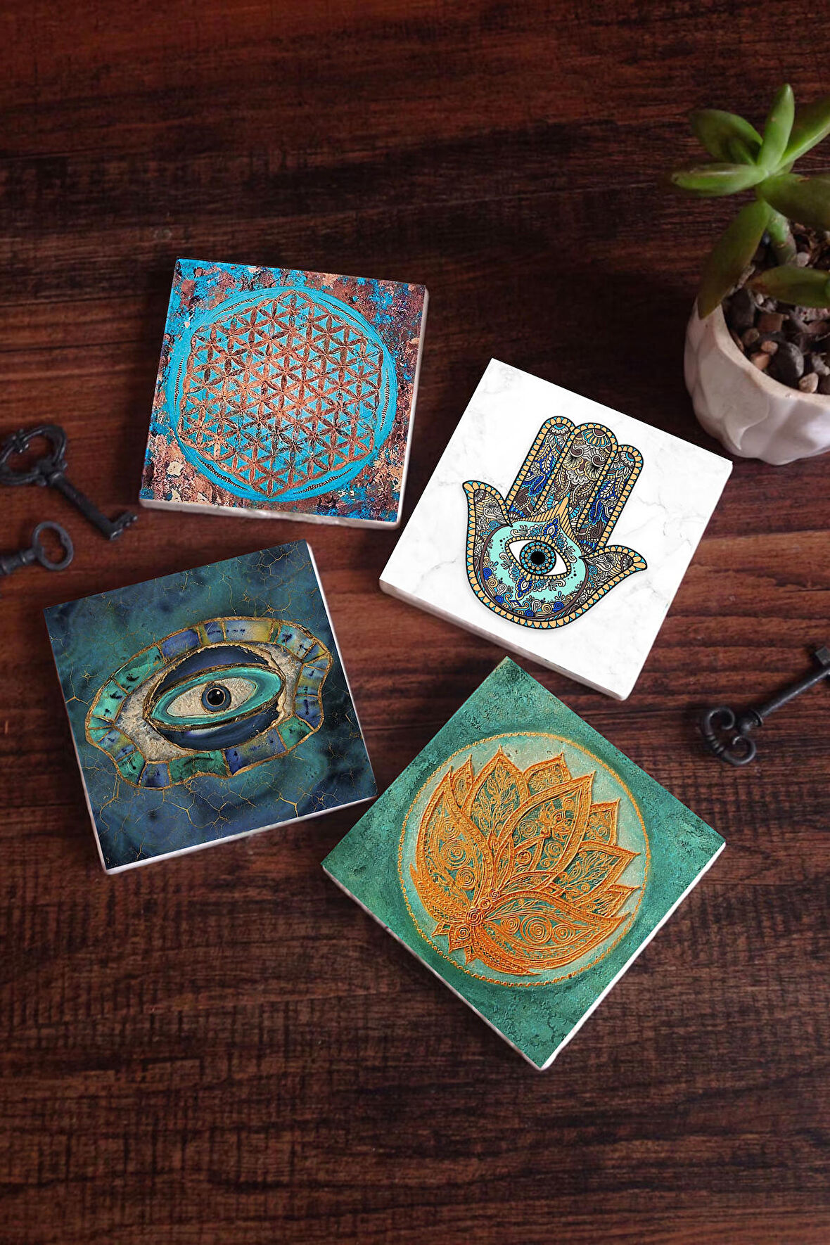 Nazar, Yaşam Çiçeği, Lotus Çiçeği, Fatma Ana Eli (Hamsa) Taş Bardak Altlığı Masaüstü Koruyucu Altlık 4 Parça Set 10x10cm Stone Coasters