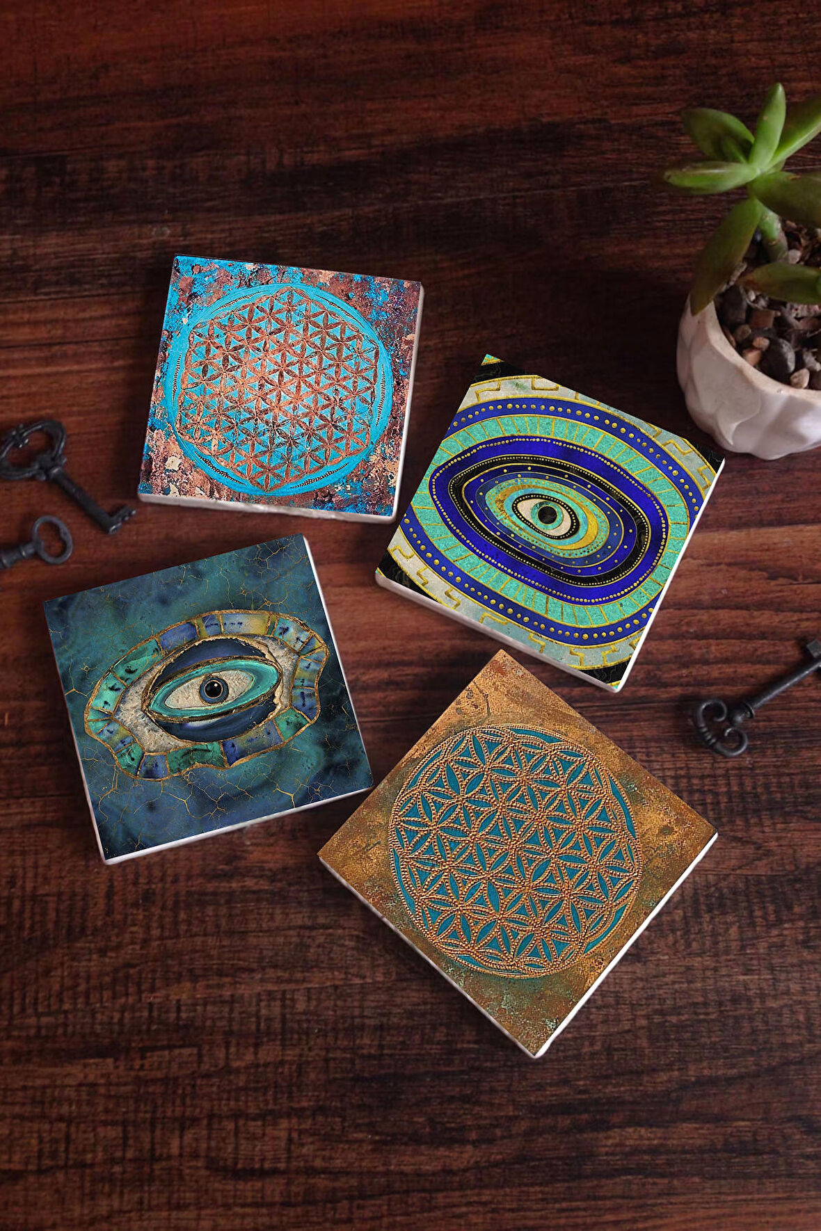 Nazar, Yaşam Çiçeği Taş Bardak Altlığı Masaüstü Koruyucu Altlık 4 Parça Set 10x10cm Stone Coasters