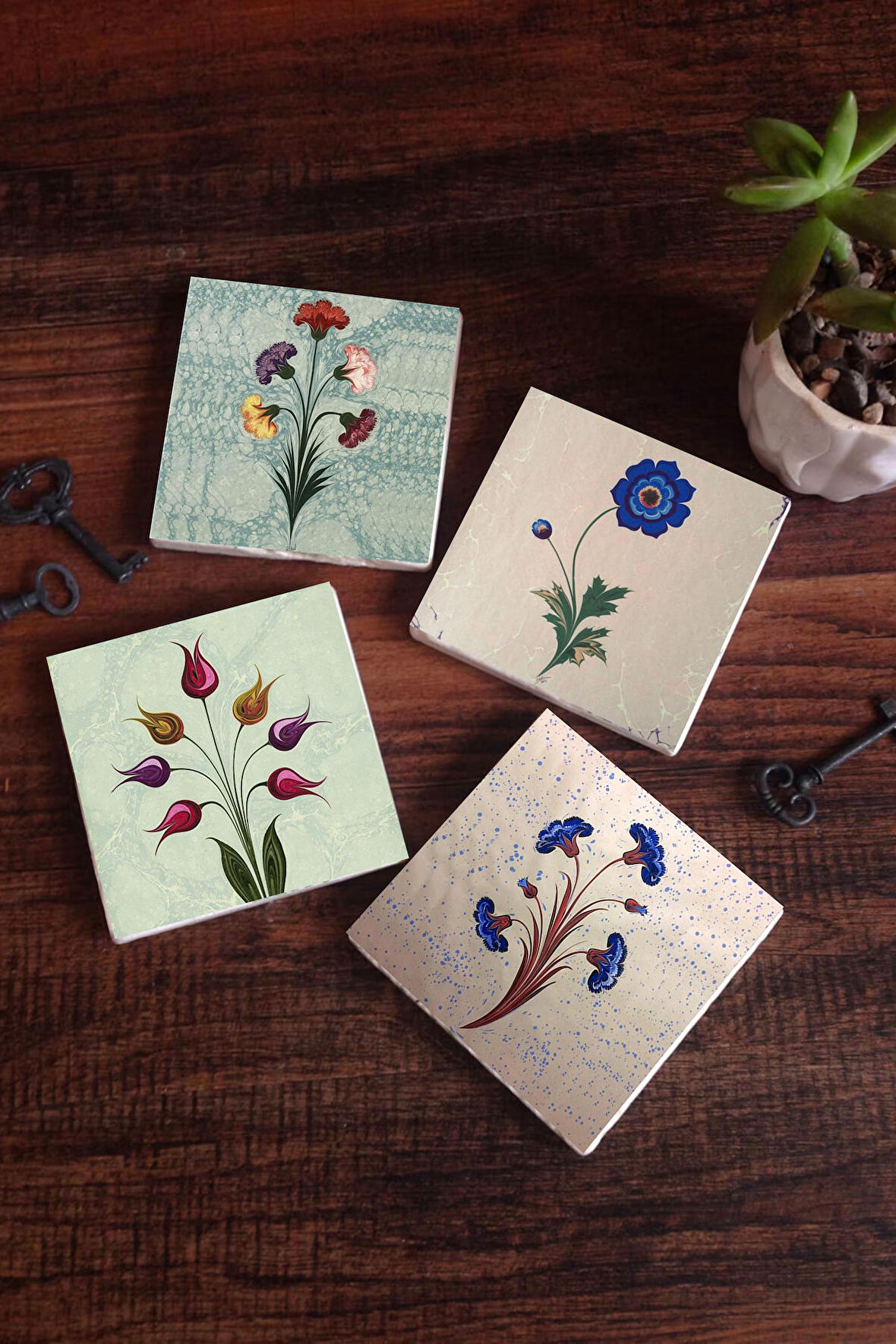 Ebru Sanatı, Lale Taş Bardak Altlığı Masaüstü Koruyucu Altlık 4 Parça Set 10x10cm Stone Coasters