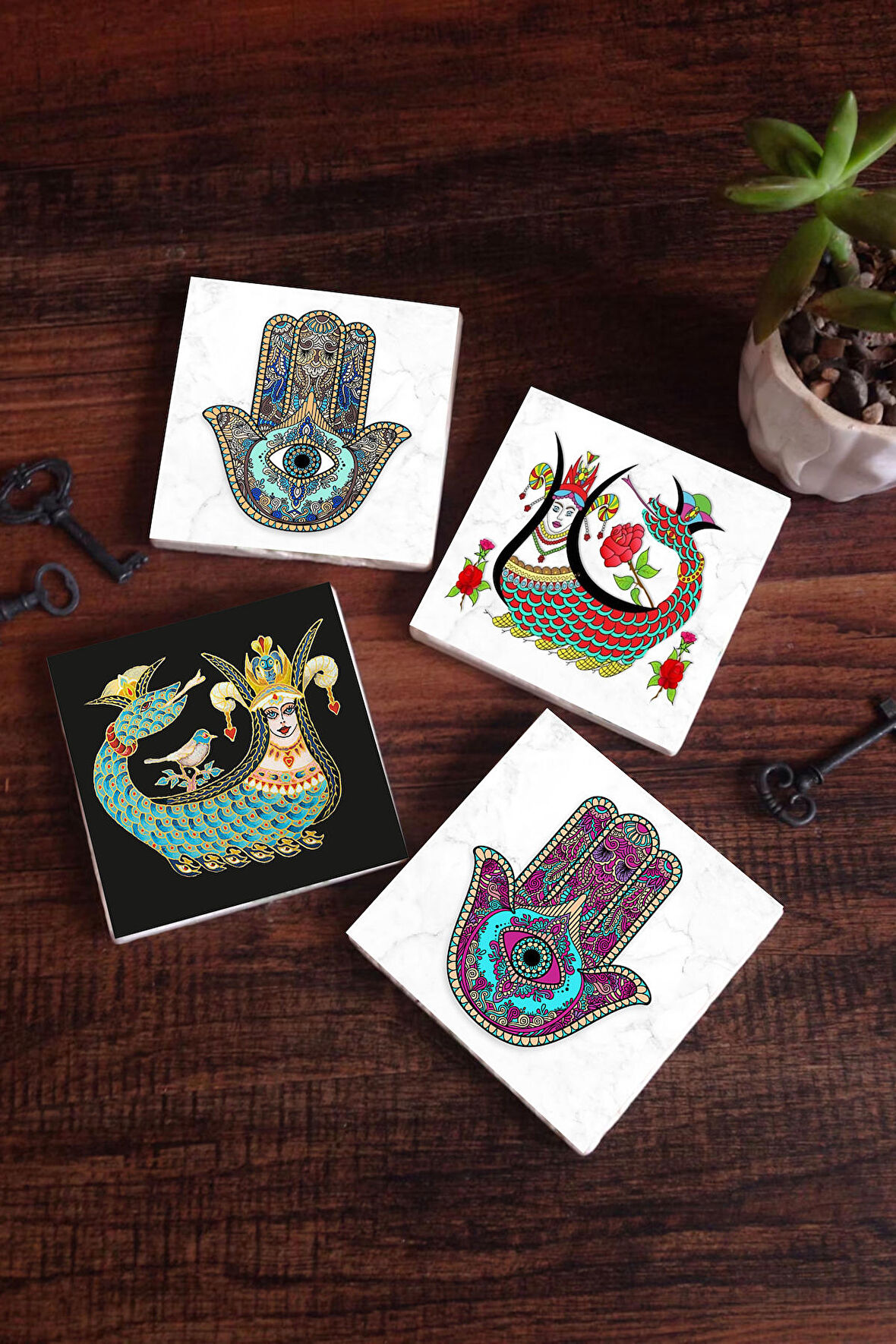Şahmeran, Fatma Ana Eli (Hamsa) Taş Bardak Altlığı Masaüstü Koruyucu Altlık 4 Parça Set 10x10cm Stone Coasters