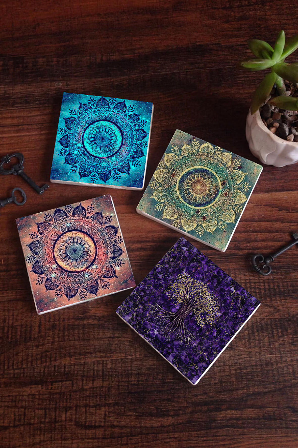 Mandala, Hayat Ağacı Taş Bardak Altlığı Masaüstü Koruyucu Altlık 4 Parça Set 10x10cm Stone Coasters