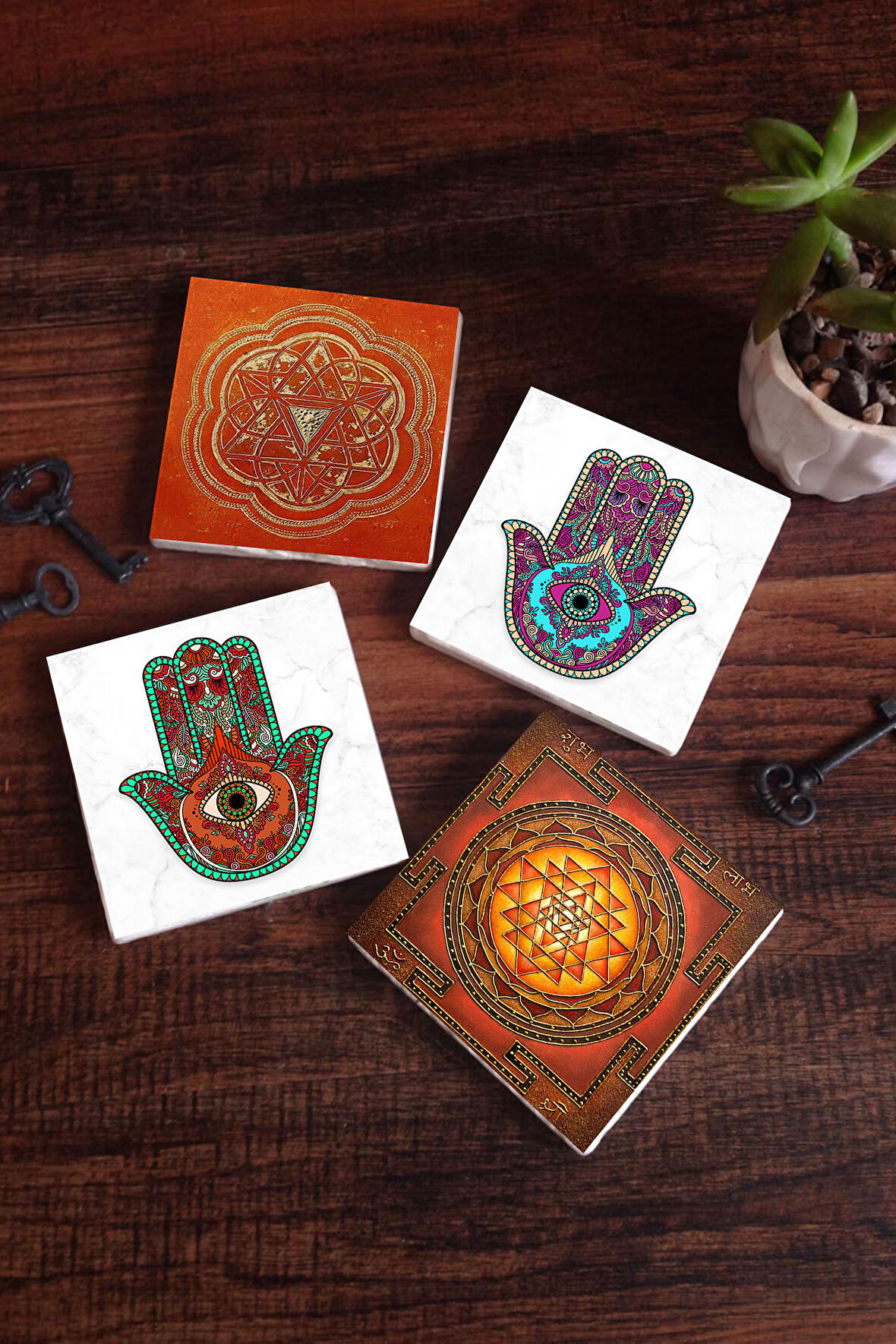 Sri Yantra, Fatma Ana Eli (Hamsa) Taş Bardak Altlığı Masaüstü Koruyucu Altlık 4 Parça Set 10x10cm Stone Coasters