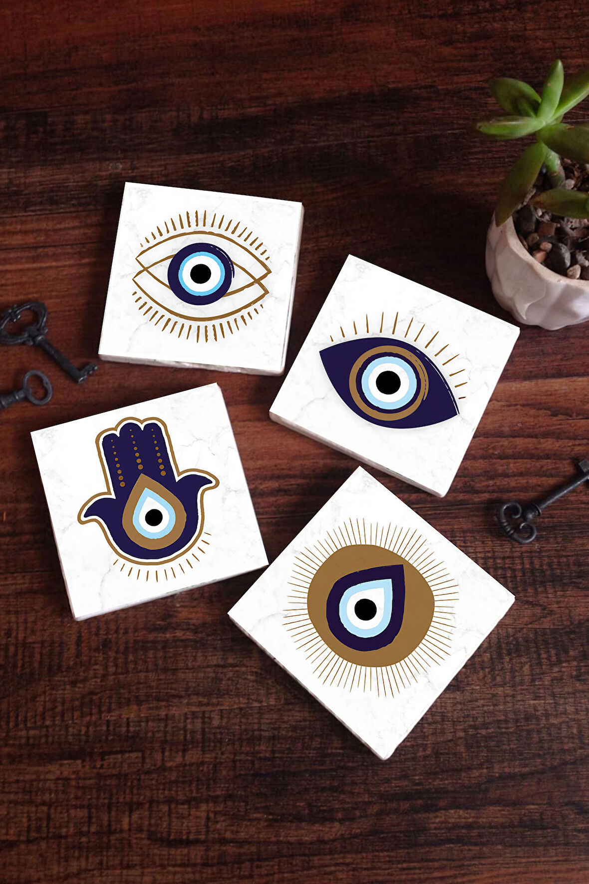 Fatma Ana Eli (Hamsa), Nazar Taş Bardak Altlığı Masaüstü Koruyucu Altlık 4 Parça Set 10x10cm Stone Coasters