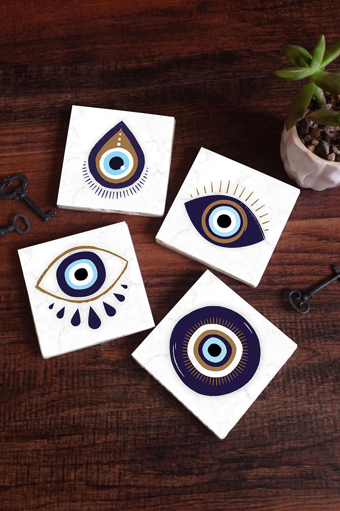 Nazar Taş Bardak Altlığı Masaüstü Koruyucu Altlık 4 Parça Set 10x10cm Stone Coasters