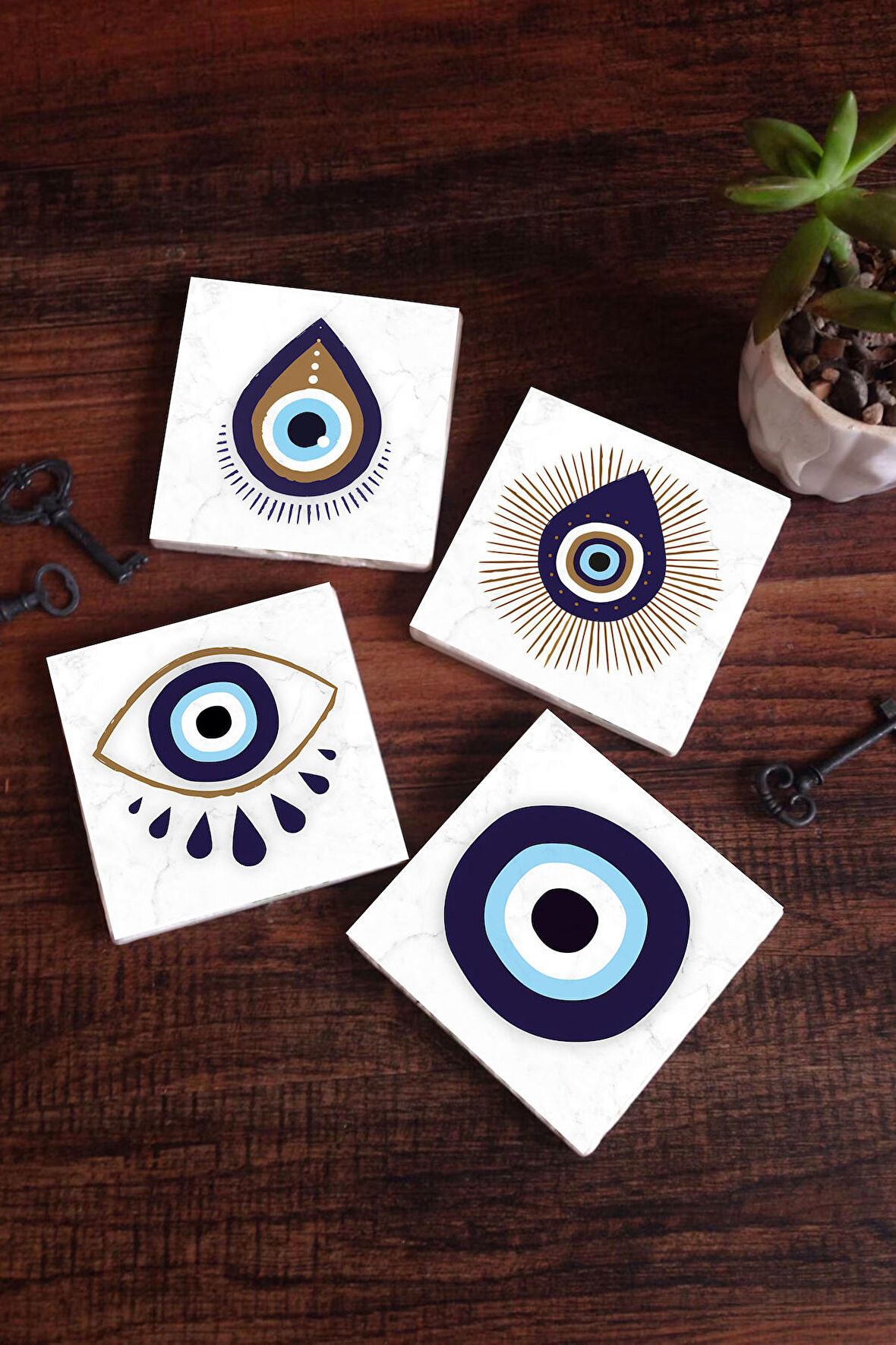 Nazar Taş Bardak Altlığı Masaüstü Koruyucu Altlık 4 Parça Set 10x10cm Stone Coasters