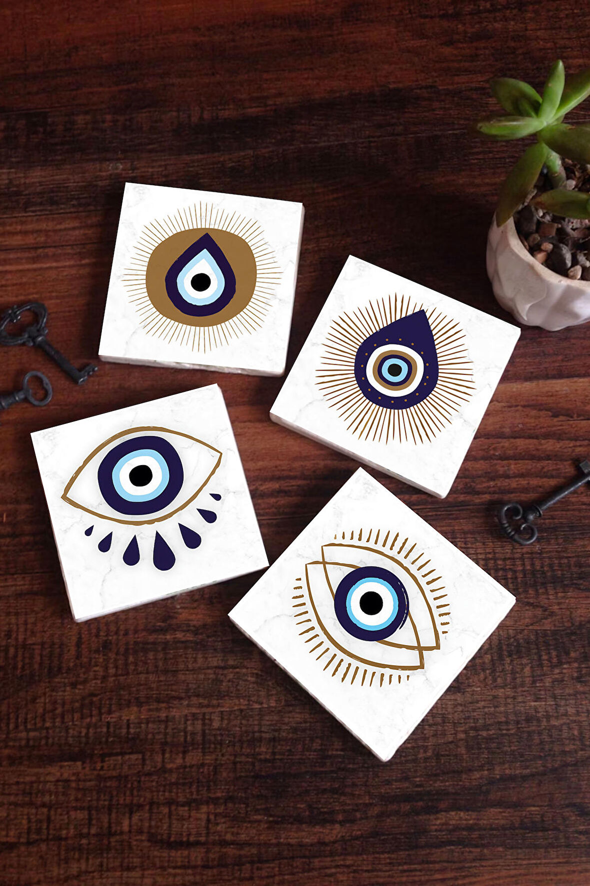 Nazar Taş Bardak Altlığı Masaüstü Koruyucu Altlık 4 Parça Set 10x10cm Stone Coasters