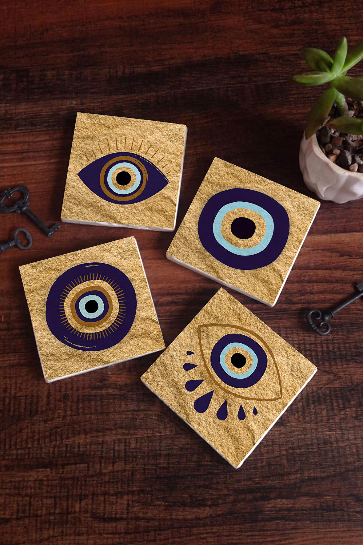 Nazar Taş Bardak Altlığı Masaüstü Koruyucu Altlık 4 Parça Set 10x10cm Stone Coasters